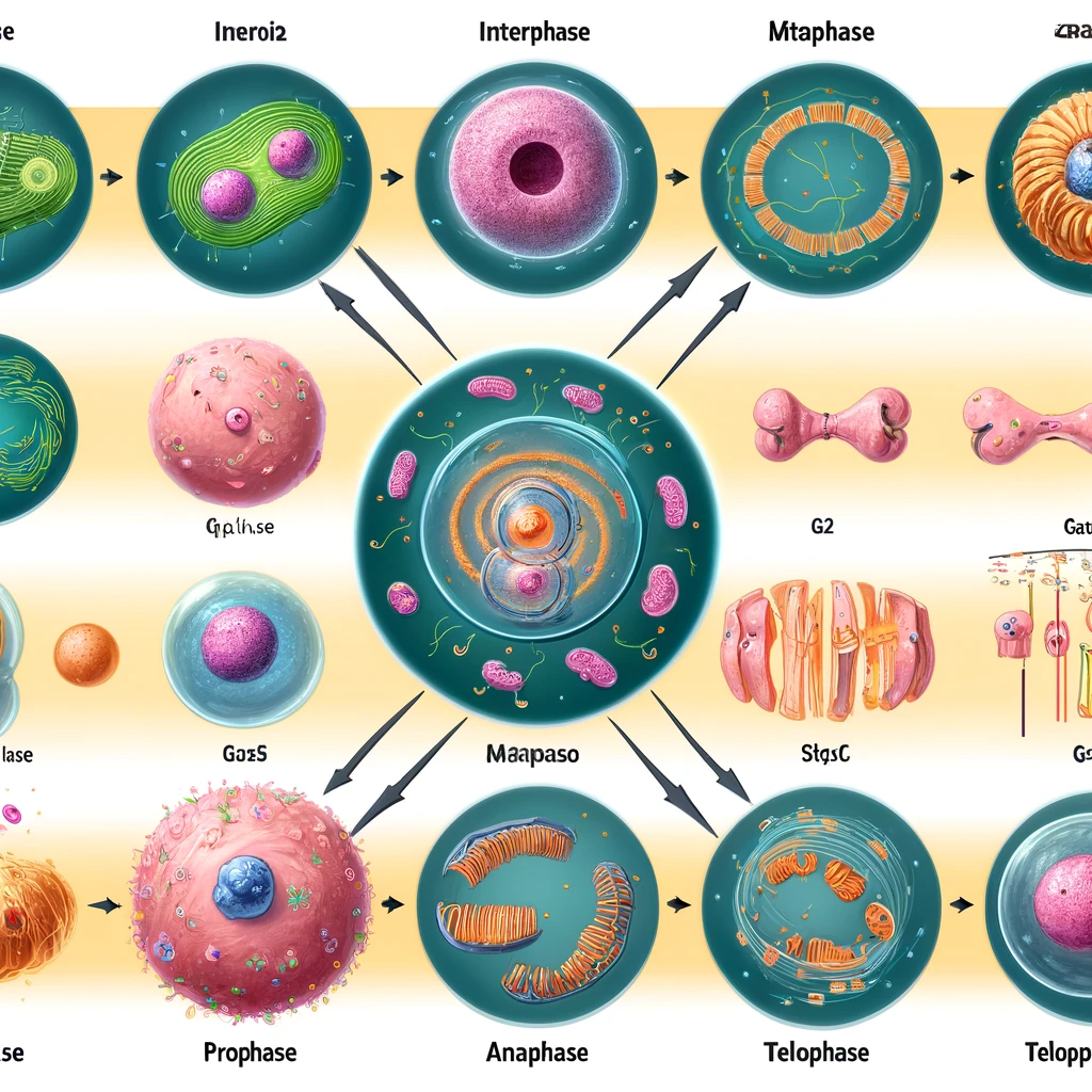 Create images illustrating the phases of the cell cycle, including interphase (G1, S, G2 phases), mitosis (prophase, metaphase, anaphase, telophase), and cytokinesis. The images should depict the cellular changes during each phase, such as DNA replication in the S phase, chromosome alignment in metaphase, and the division of the cell during cytokinesis. Include visual representations of the cellular structures involved, like chromosomes, the mitotic spindle, and the division of the cytoplasm. The illustration should be educational, clearly conveying the dynamic process of cell division and its importance in growth, repair, and reproduction in living organisms.