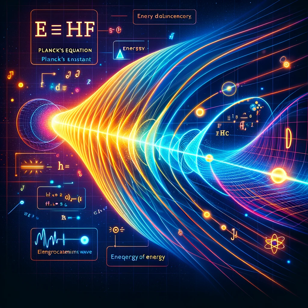 Create a sophisticated and informative image that visualizes Planck's equation and the concept of photon energy. The image should include a representation of the equation E=hf, where E is the energy of a photon, h is Planck's constant, and f is the frequency of the electromagnetic wave. Depict this relationship graphically with an electromagnetic wave transitioning into individual photons, illustrating the direct proportionality between frequency and energy. Emphasize the photons being quantized packets of energy with annotations or symbols to signify their discrete nature. This illustration should capture the essence of quantum mechanics and serve as an educational tool to explain how energy is quantized in photons, suitable for students learning about this pivotal concept in physics.