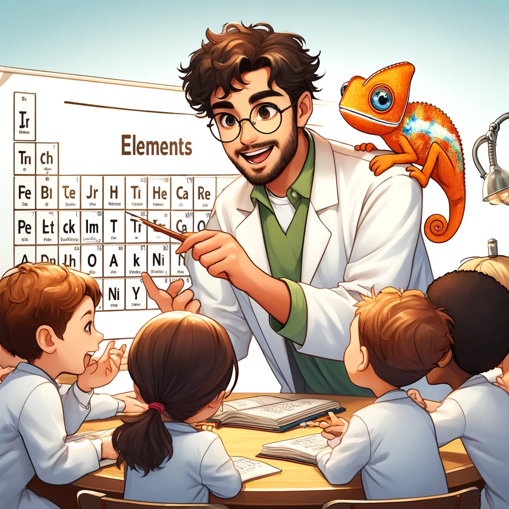 Create an educational scene showing students from Kruger School studying the periodic table. The students, wearing white lab coats, are gathered around a large periodic table, actively discussing and pointing at elements. The young teacher, 27 years old, with slightly curly, medium-short hair and no beard, is engaging with the students, helping them understand the material. Include Kruger School's friendly orange chameleon mascot in the scene, adding a playful element. The chameleon can be seen interacting with the students or sitting on the periodic table, making the learning environment lively and fun. This illustration should capture the dynamic and educational atmosphere of a Kruger School classroom.