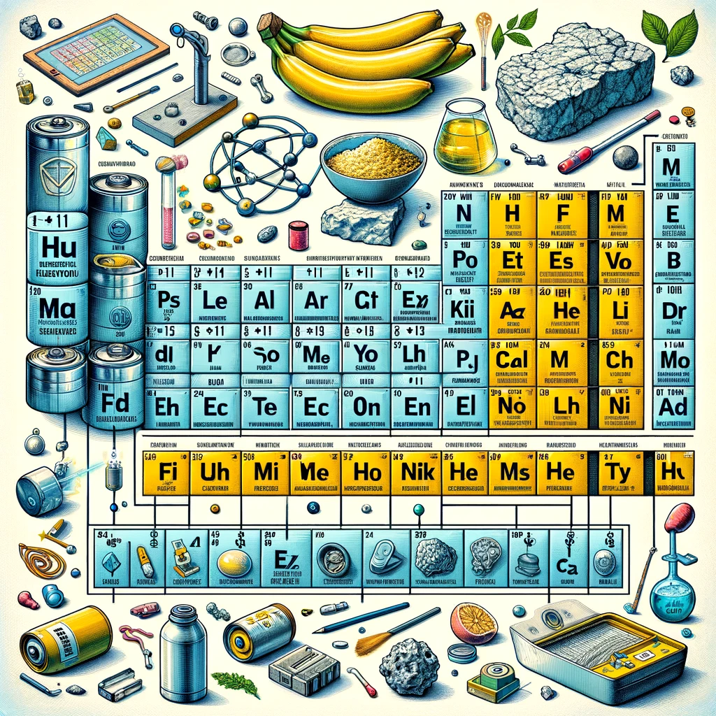 Create an educational and detailed illustration that showcases the most representative elements of Groups I and II of the periodic table, focusing on their practical applications and properties. The image should feature common substances, foods, or objects that contain these elements, such as bananas (rich in potassium), limestone (containing calcium), and batteries (using lithium). Display these items around a central, simplified segment of the periodic table highlighting Groups I (alkali metals) and II (alkaline earth metals). Each element's symbol should be connected by lines to its respective application, illustrating the real-world usage of these elements. This visual should help students make the connection between abstract chemical concepts and everyday materials, enhancing their understanding of chemistry's role in daily life.