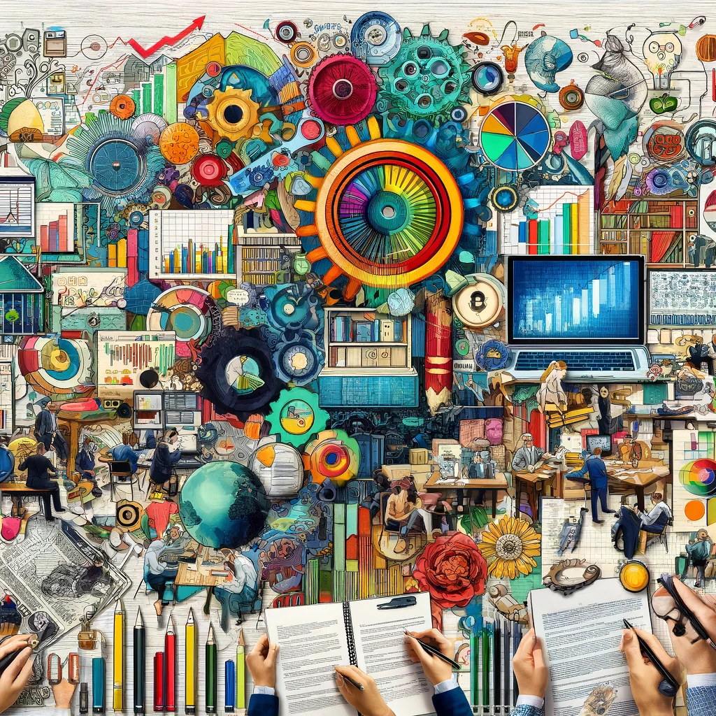 Create a more detailed and colorful collage-style image that illustrates the concept of 'The Report', including additional elements such as people writing, writing tools (pens, pencils, typewriters), and more vibrant colors. The image should artfully combine these new elements with pages filled with text, graphs and charts, digital screens displaying data analysis, and other relevant items like glasses and stacks of documents. Arrange these components to suggest the collaborative and analytical process involved in report preparation. The collage might also showcase various stages of report writing, from research and data collection to writing and presentation, all depicted in a dynamic and engaging visual narrative that emphasizes the creativity and complexity of compiling a report, while enhancing the visual appeal with a richer color palette.