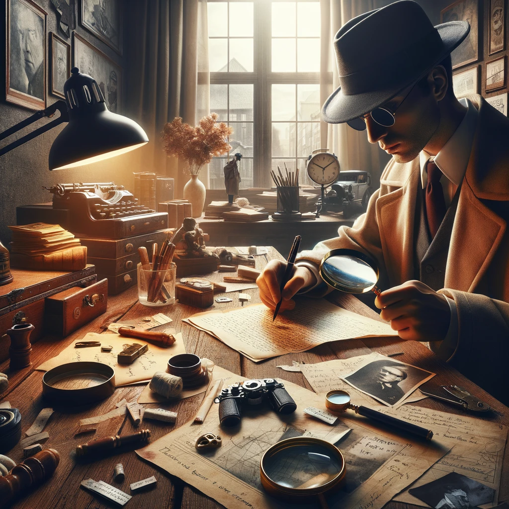 Create a realistic image that illustrates the concept of detective investigation. The scene should depict a detective at work, analyzing clues and evidence. Include elements typical of detective work, such as a magnifying glass, notes, a detective's hat, and possibly a map or photographs of suspects. The environment should suggest a detective's office or a crime scene, with the detective intensely focused on piecing together the puzzle. The composition should convey the meticulous nature of detective work, emphasizing the importance of observation, analysis, and deduction in solving mysteries. Use a rich color palette to add depth and intrigue to the scene, making it visually engaging and indicative of the detective genre.
