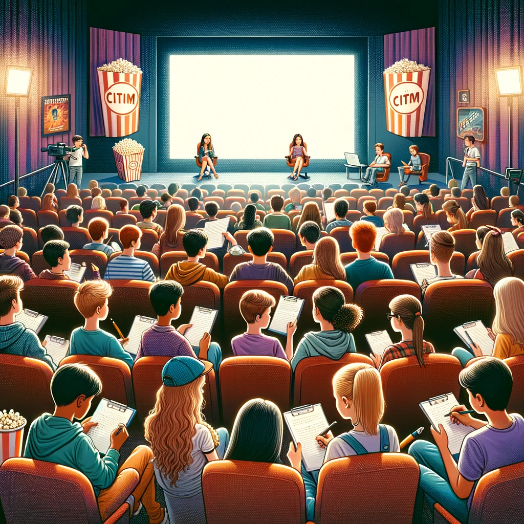 Create an illustration without any text that depicts boys and girls as film critics, focusing on the visual aspects. The scene should show a diverse group of young people seated in a movie theater or in front of a large screen, engaged in watching a film. They should have notepads, pens, or laptops, suggesting they are taking notes or preparing reviews without showing any actual text. Some might be discussing points of the film with each other, indicating an analytical approach to what they are watching. The environment should emphasize critical thinking and discussion about cinema, with elements like popcorn or movie posters in the background to enhance the cinematic theme, all without using any letters or textual elements. The illustration should capture the enthusiasm and analytical nature of young film critics, using vibrant colors to make the scene lively and engaging.