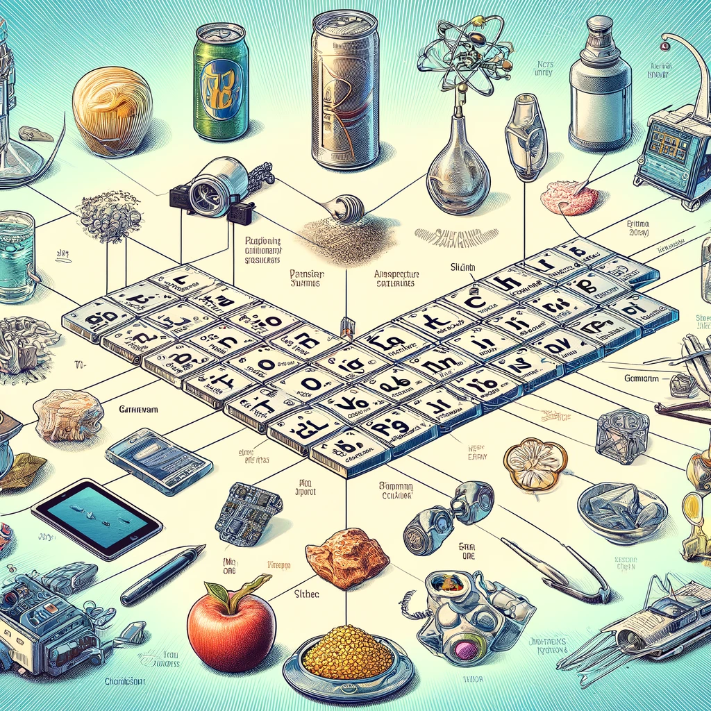Create an educational and detailed illustration that showcases the most representative elements of Groups 13 and 14 of the periodic table, focusing on their practical applications and properties. The image should feature common substances, foods, or objects that contain these elements, such as aluminum cans (made from aluminum), computer chips (using silicon), and jewelry (incorporating elements like gallium and germanium). Display these items around a central, simplified segment of the periodic table highlighting Groups 13 (boron group) and 14 (carbon group). Each element's symbol should be connected by lines to its respective application, illustrating the real-world usage of these elements. This visual should help students make the connection between abstract chemical concepts and everyday materials, enhancing their understanding of chemistry's role in daily life.