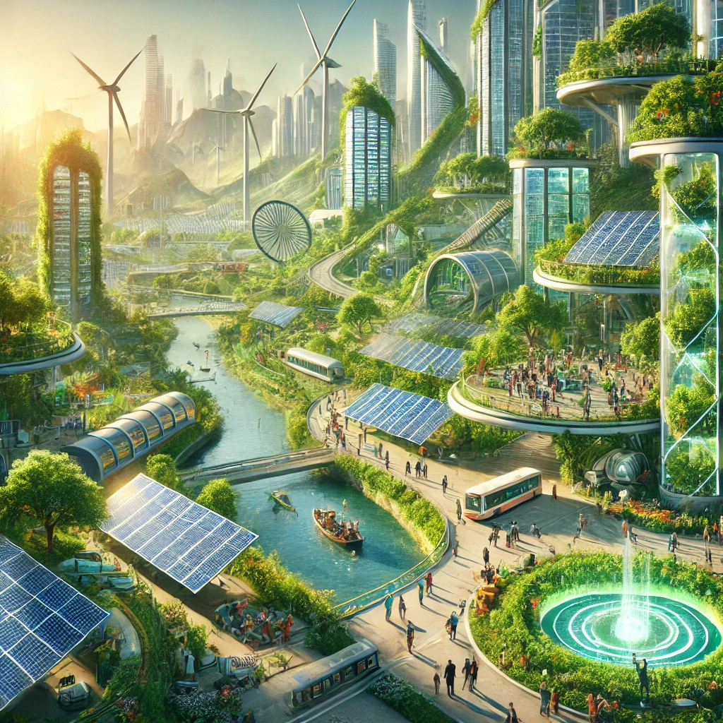 An image depicting a Solarpunk utopia, showcasing a future where technology and nature are in harmony. The scene should feature vibrant green cities powered by renewable energy, with solar panels integrated into buildings, vertical gardens, and lush parks. The architecture is futuristic yet organic, with structures that blend seamlessly into the landscape. People are seen engaging in community activities, surrounded by clean, sustainable technologies like wind turbines, electric vehicles, and public transportation. The atmosphere is bright, optimistic, and full of life, symbolizing a hopeful and sustainable future.