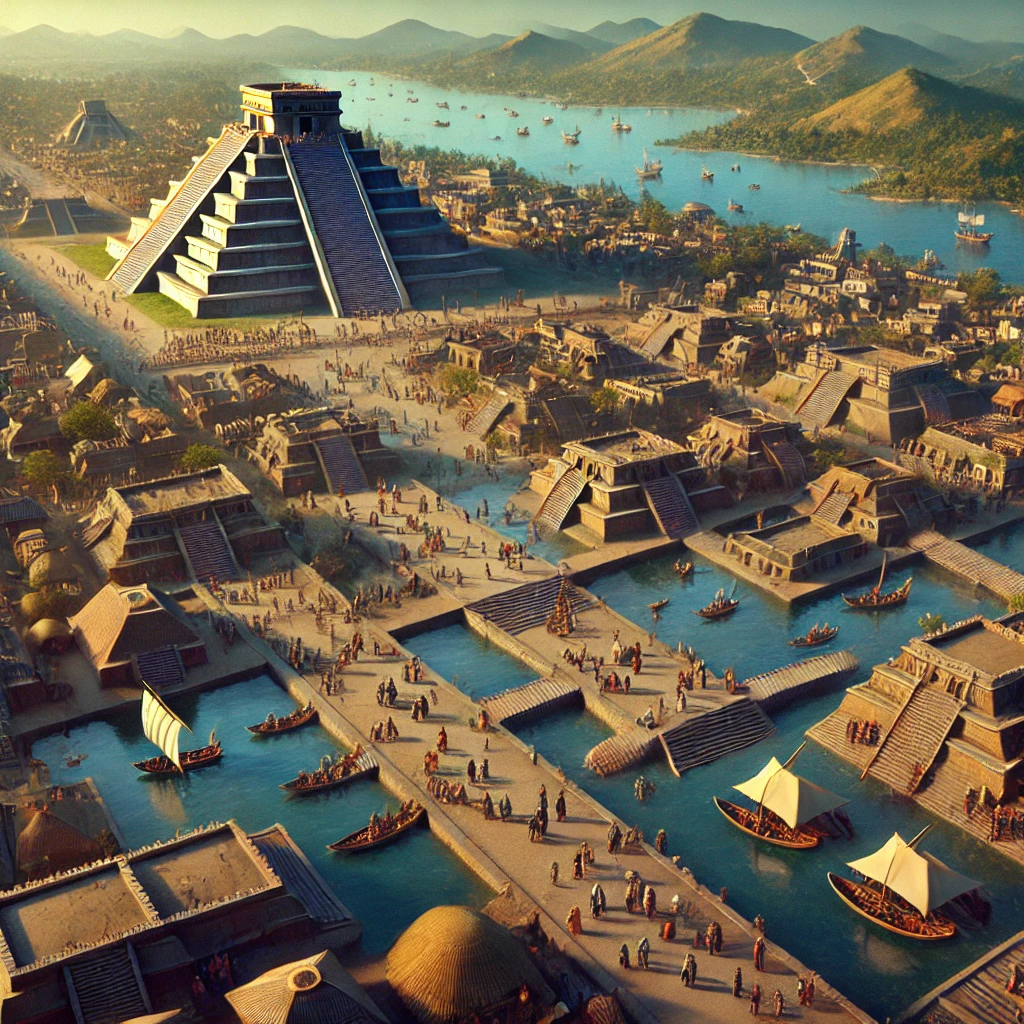 An image of Tenochtitlan at its peak, showcasing the grandeur and splendor of the Aztec capital. The scene should feature the Great Pyramid of Tenochtitlan (Templo Mayor) towering over the city, surrounded by bustling marketplaces, canals with canoes, and vibrant community life. The city is full of life, with people engaging in trade, rituals, and daily activities. The architecture is magnificent, with richly decorated temples, palaces, and plazas. The surrounding landscape includes Lake Texcoco, with causeways connecting the city to the mainland. The atmosphere should feel majestic, reflecting the power and sophistication of the Aztec civilization.