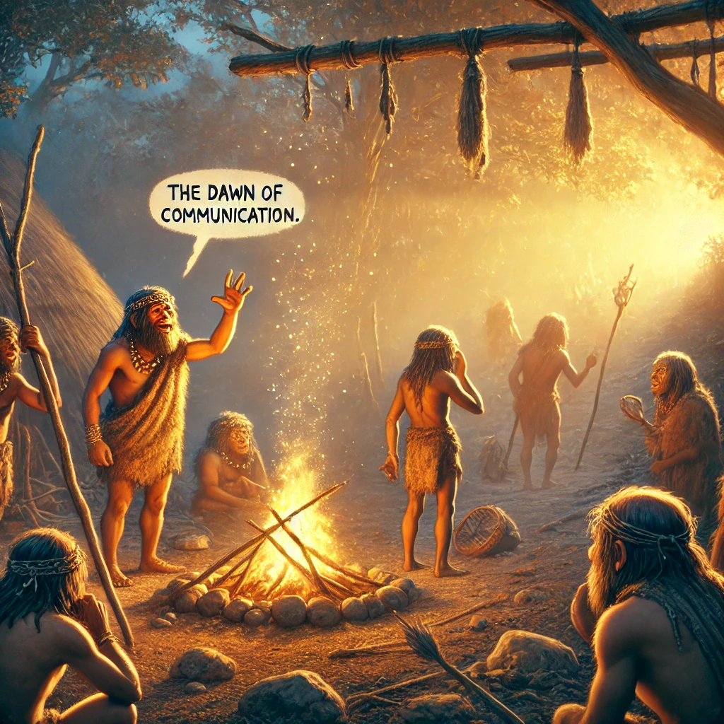An image depicting the first humans discovering language. The scene should show a small group of early humans communicating with each other for the first time, using gestures and sounds. The setting is a prehistoric landscape, with simple tools and a fire nearby. The expressions of the humans should convey the excitement and wonder of realizing they can share ideas and thoughts. The atmosphere should be warm and illuminating, with the dawn of communication symbolized by soft light breaking through the sky.