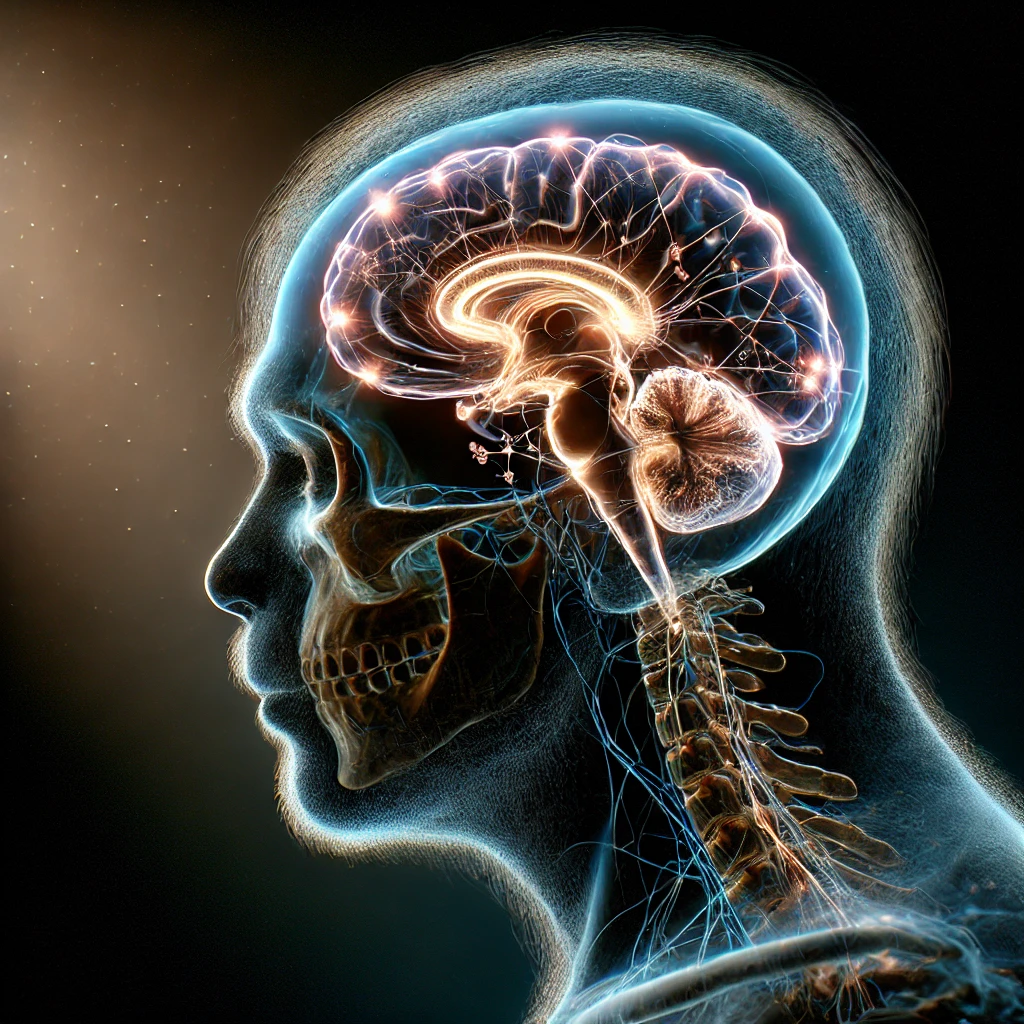 An image showing an X-ray vision of the brain of an early human as they create language. The scene should depict a side profile of a primitive human with their skull partially transparent, revealing the brain inside. The brain should be illuminated, with neural connections and areas of the brain highlighted to represent the process of creating and understanding language. The background can be simple and dark to emphasize the focus on the brain and the complexity of this cognitive leap. The overall atmosphere should be one of discovery and intellectual evolution.