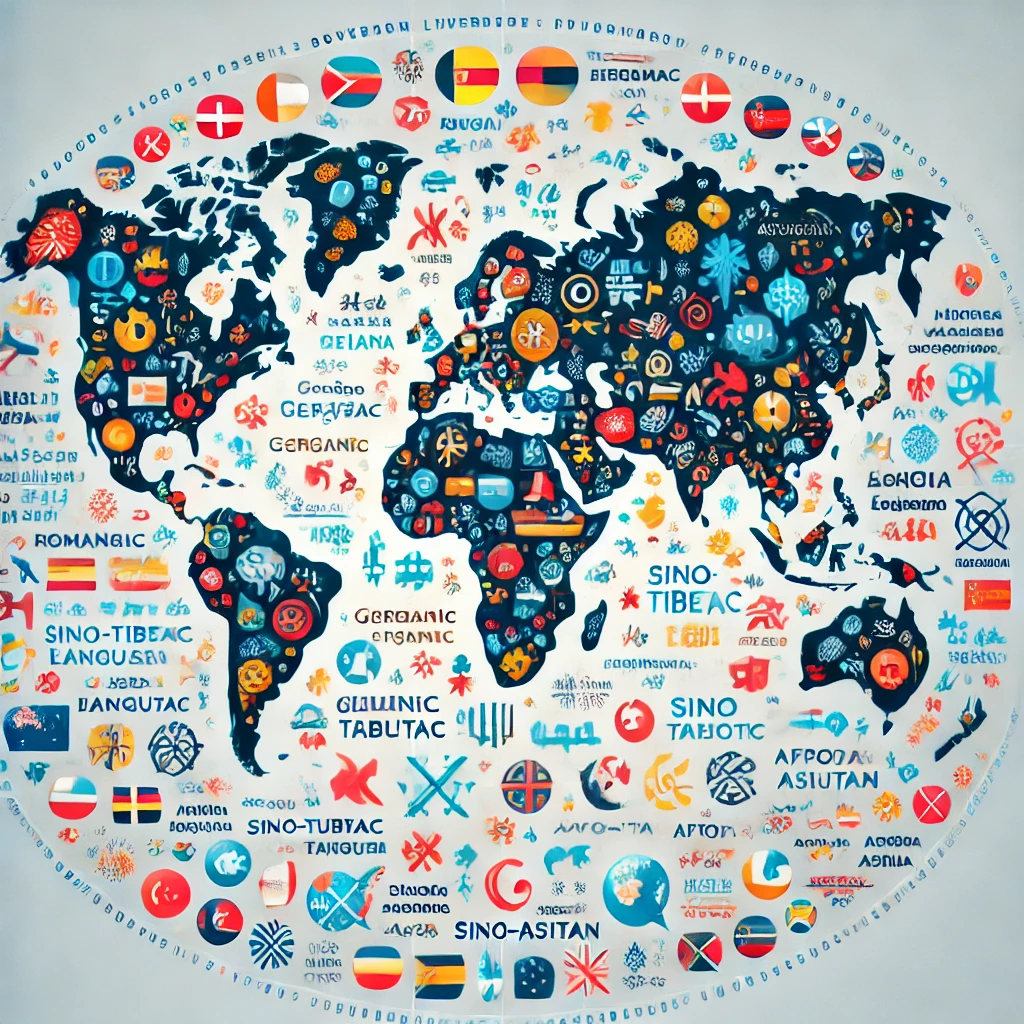A world map illustrating the diversity of languages spoken across the globe. The map should highlight different regions with colors or symbols representing the variety of languages, showing how they are distributed around the world. Icons or small illustrations can represent different language families, such as the Romance, Germanic, Slavic, Sino-Tibetan, and Afro-Asiatic languages. The design should be visually engaging and educational, emphasizing the rich linguistic diversity that exists across continents.