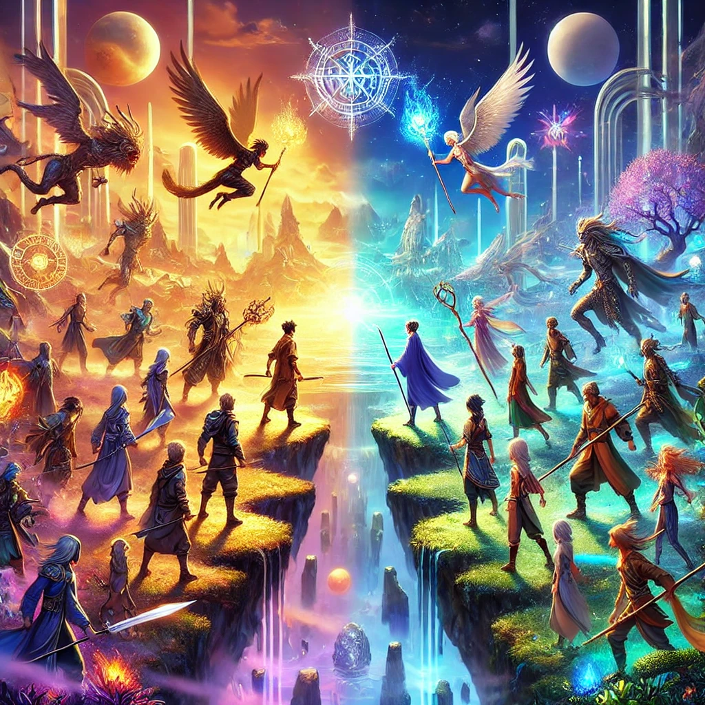 A fantastical depiction of the conflict between a protagonist and an antagonist, showcasing diversity and unique character designs. The scene is vibrant and dynamic, set in a surreal fantasy world with magical elements and mythical creatures. The characters represent different cultures or backgrounds, facing off in an intense standoff. The environment is imaginative, with glowing landscapes, floating islands, and mystical symbols that highlight the clash of ideologies or goals. The characters are visually distinct, with varied attire, features, and expressions that reflect the fantastical nature of the world. The atmosphere should be charged with tension, reflecting the complexity and depth of their conflict.