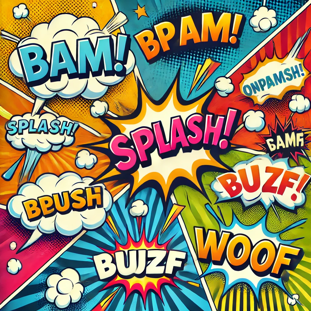 An image that illustrates the importance of onomatopoeias in language and communication. The image could feature a dynamic composition with various onomatopoeic words like 'Bam!', 'Splash!', 'Buzz!', and 'Woof!' arranged in a vibrant, comic-style layout. These words can be shown bursting out of speech bubbles or sound effects, with colorful backgrounds and playful fonts. The design should convey how onomatopoeias add excitement, energy, and expressiveness to language, making stories and conversations more vivid and engaging.