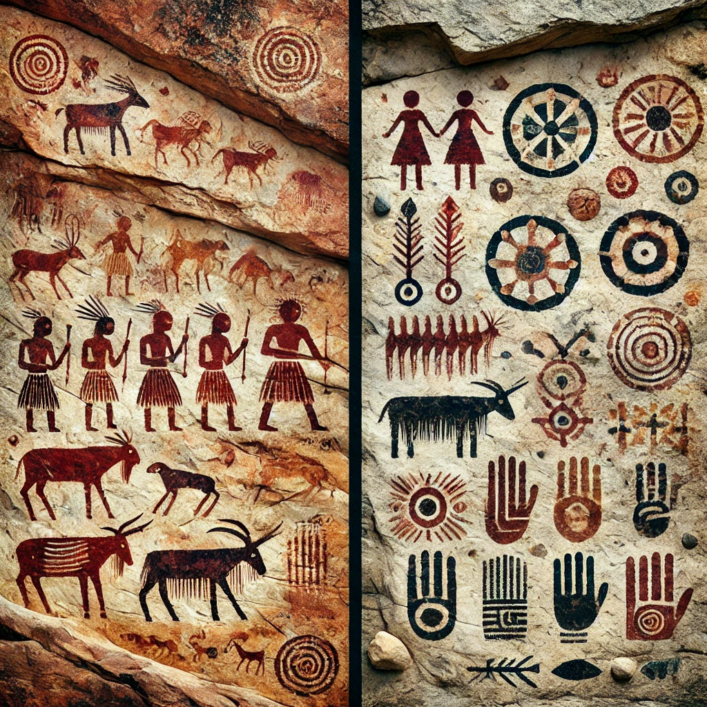 Two distinct images of ancient rock art (arte rupestre). The first image should depict a prehistoric cave painting with simple, stylized human figures, animals, and hunting scenes, using earthy tones like red, brown, and black. The second image should show a different style of rock art, perhaps abstract or symbolic, with geometric patterns, handprints, or spiritual symbols, using brighter or more varied colors. Each image should reflect a unique cultural and historical context, highlighting the diversity of rock art from different regions or periods.