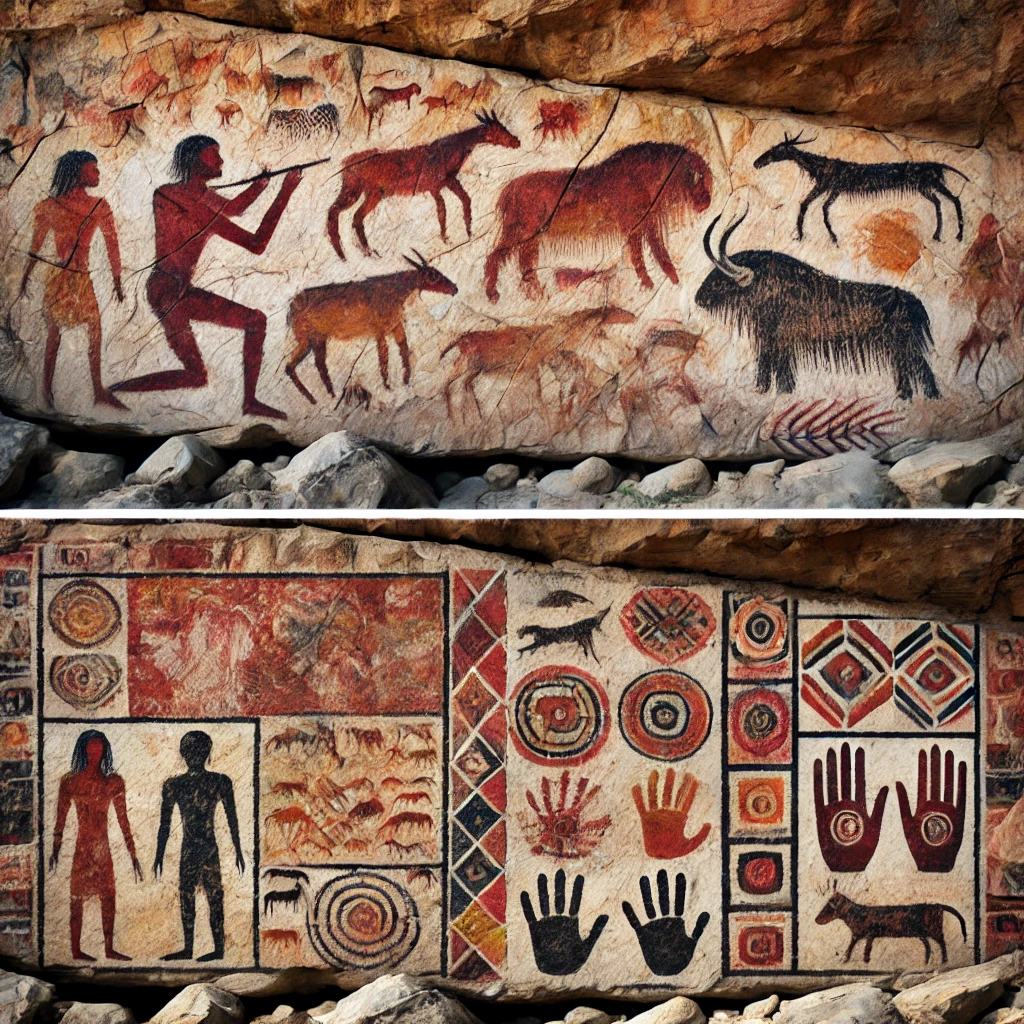 Two distinct images of ancient rock art (arte rupestre). The first image should depict a prehistoric cave painting with simple, stylized human figures, animals, and hunting scenes, using earthy tones like red, brown, and black. The second image should show a different style of rock art, perhaps abstract or symbolic, with geometric patterns, handprints, or spiritual symbols, using brighter or more varied colors. Each image should reflect a unique cultural and historical context, highlighting the diversity of rock art from different regions or periods.