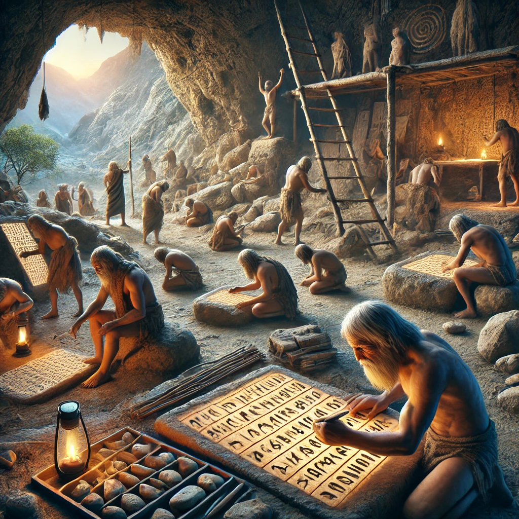 An image depicting the origin of writing, showing early humans transitioning from using symbols and pictographs to developing a structured form of writing. The scene could include a group of people carving symbols into clay tablets, stones, or cave walls, with others experimenting with early forms of written language. The setting might be an ancient settlement with tools and materials for writing, and the atmosphere should evoke a sense of discovery and the birth of a new way to communicate. The image should capture the creativity and innovation of this significant moment in human history.