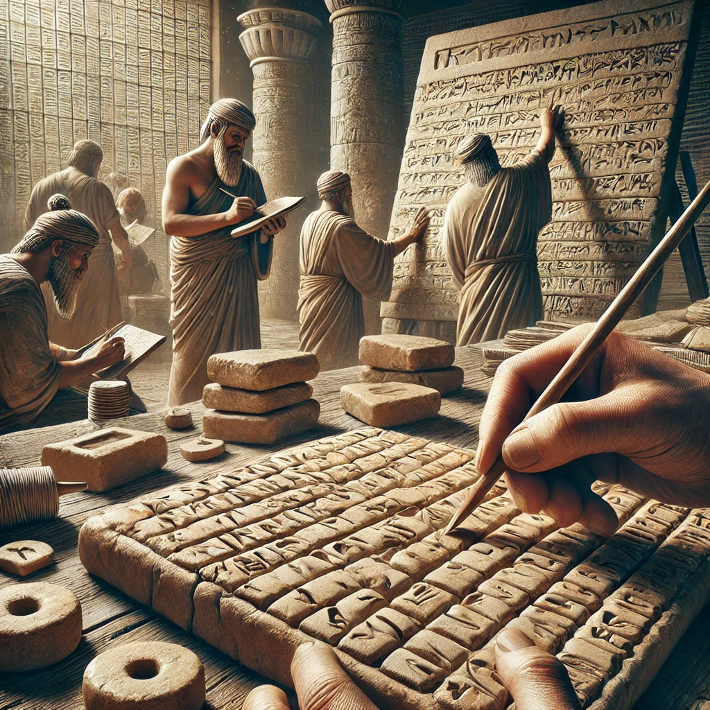 An image illustrating the creation of cuneiform writing, one of the earliest forms of writing developed by the Sumerians in ancient Mesopotamia. The scene should depict scribes using styluses to press wedge-shaped symbols into soft clay tablets. The setting could be a temple or a scribe's workshop, with the background featuring other tablets, scrolls, and ancient tools. The atmosphere should convey a sense of historical significance and the innovation of early writing, with detailed textures on the clay tablets and the surrounding environment.