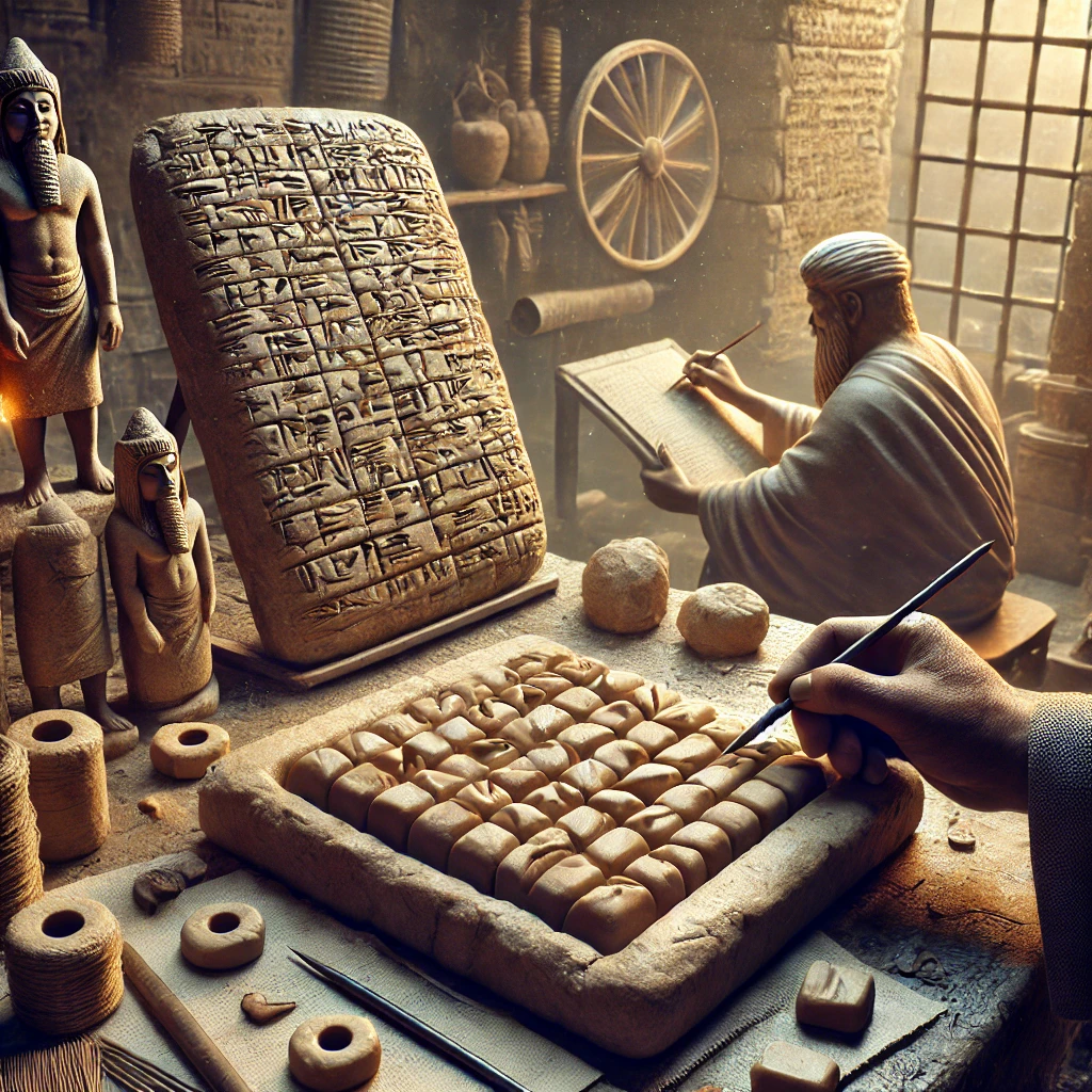 An image illustrating the creation of cuneiform writing, one of the earliest forms of writing developed by the Sumerians in ancient Mesopotamia. The scene should depict scribes using styluses to press wedge-shaped symbols into soft clay tablets. The setting could be a temple or a scribe's workshop, with the background featuring other tablets, scrolls, and ancient tools. The atmosphere should convey a sense of historical significance and the innovation of early writing, with detailed textures on the clay tablets and the surrounding environment.