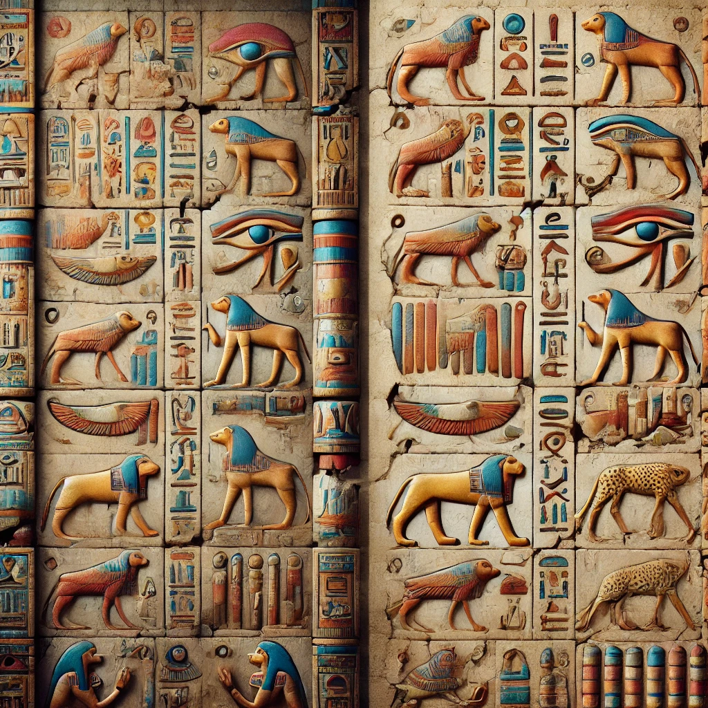 Two images showcasing ancient Egyptian hieroglyphs. The first image could depict a close-up view of a section of a temple wall or a papyrus scroll, featuring detailed and colorful hieroglyphs carved or painted with symbols representing animals, gods, and everyday objects. The second image could show a more abstract or artistic representation of hieroglyphs, with the symbols arranged in a visually engaging pattern, highlighting the beauty and complexity of this ancient writing system. The overall style should evoke the grandeur and mystery of ancient Egyptian culture.