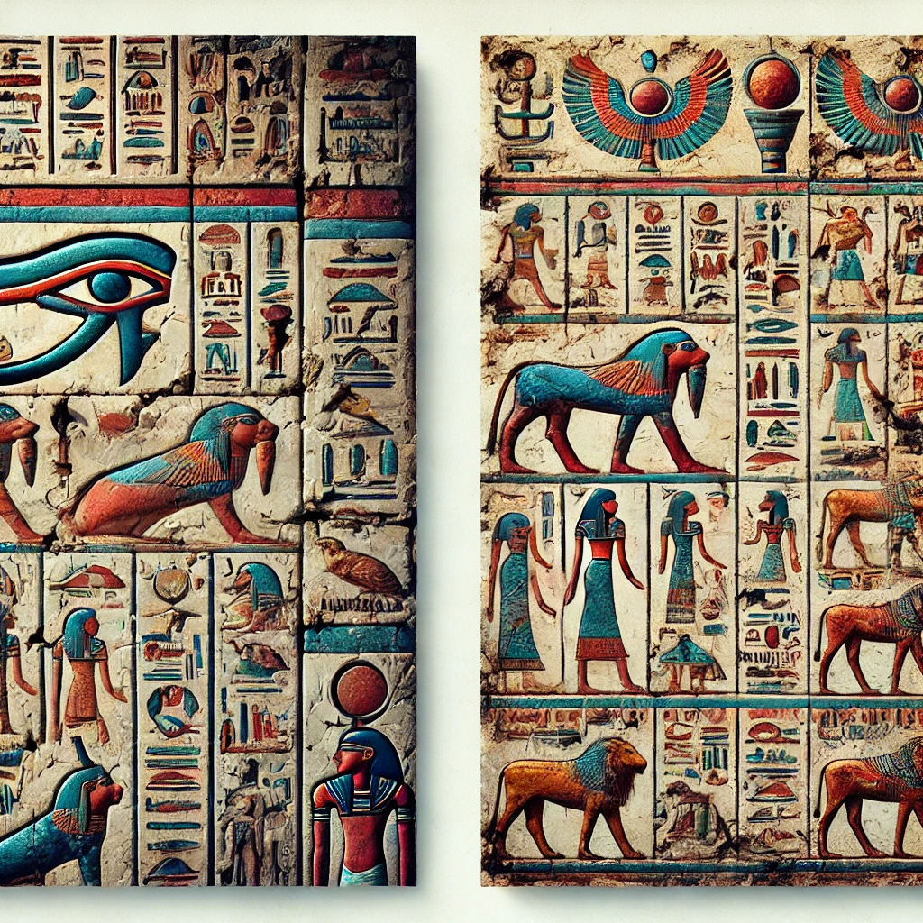 Two images showcasing ancient Egyptian hieroglyphs. The first image could depict a close-up view of a section of a temple wall or a papyrus scroll, featuring detailed and colorful hieroglyphs carved or painted with symbols representing animals, gods, and everyday objects. The second image could show a more abstract or artistic representation of hieroglyphs, with the symbols arranged in a visually engaging pattern, highlighting the beauty and complexity of this ancient writing system. The overall style should evoke the grandeur and mystery of ancient Egyptian culture.
