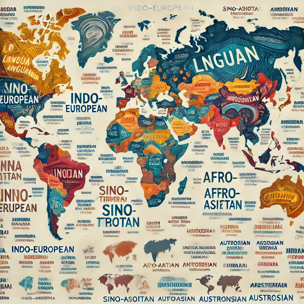 A world map illustrating the distribution of different languages across the globe. The map should use different colors or patterns to represent various language families, such as Indo-European, Sino-Tibetan, Afro-Asiatic, Austronesian, and others. Each region should be highlighted to show the predominant languages spoken there, with labels or symbols indicating key languages or language groups. The overall design should be educational and visually engaging, emphasizing the rich linguistic diversity of the world.