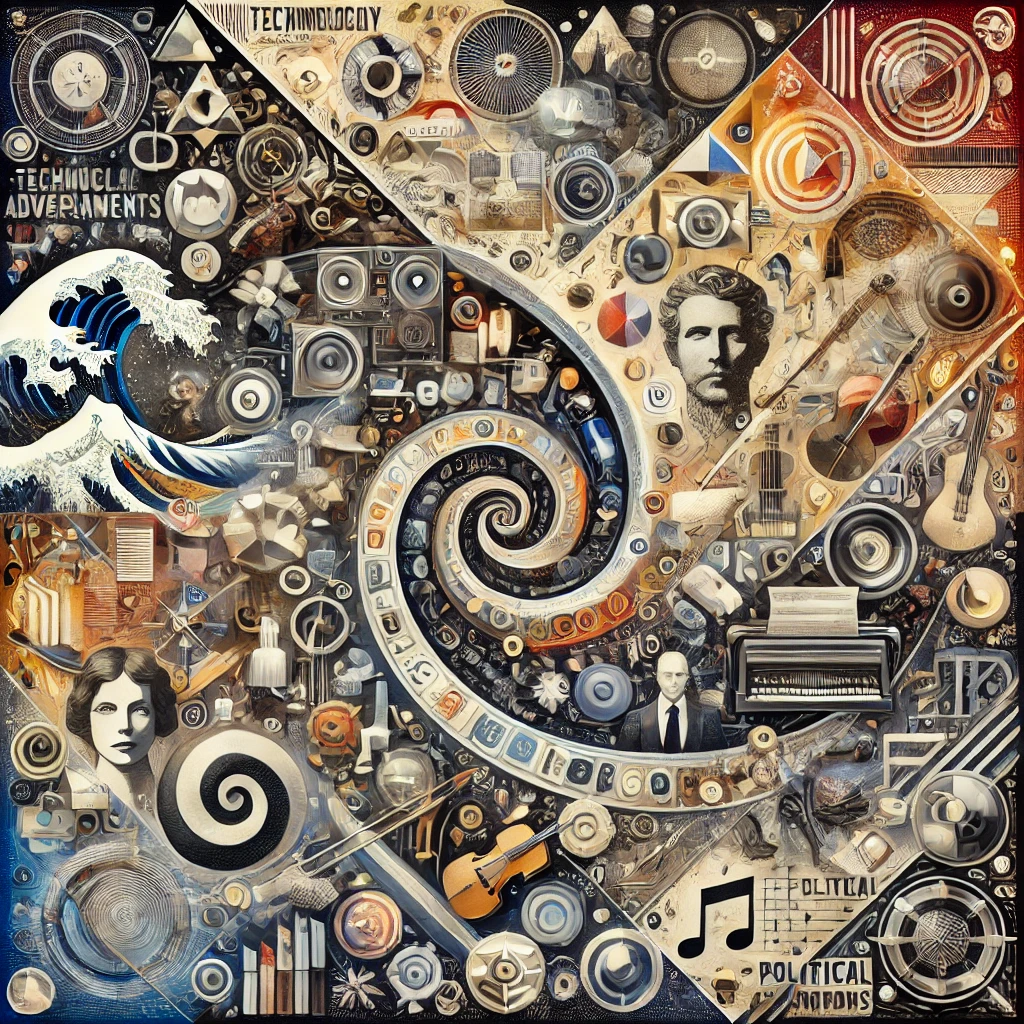 An artistic collage inspired by the most influential figures of the 20th and 21st centuries, using symbols, icons, and cultural references to represent their legacy. The image should include elements like technological advancements, musical instruments, literature, political symbols, and art movements. The design should blend these elements into a dynamic and visually striking composition, with a modern and creative aesthetic that captures the spirit of the era.