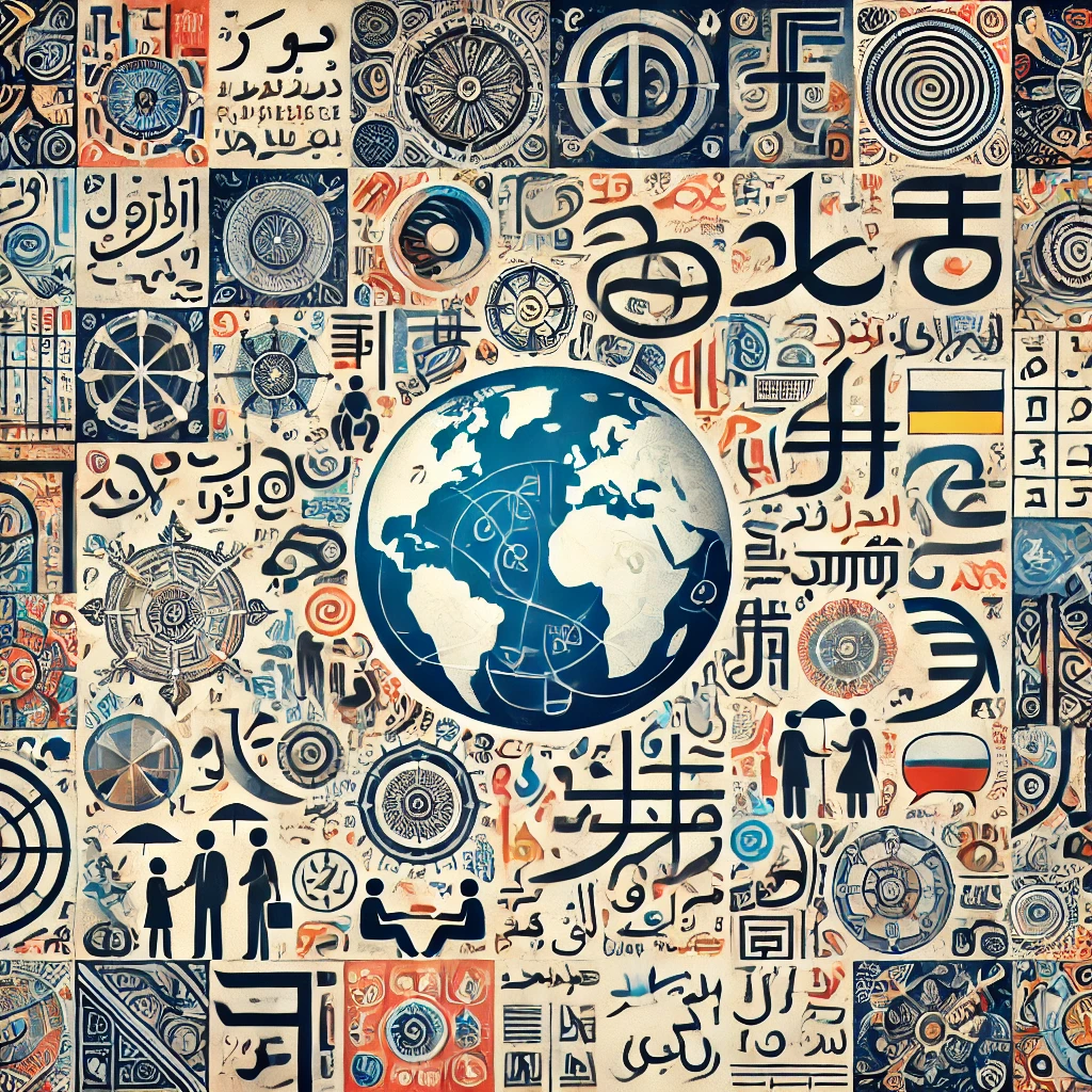 An image illustrating the linguistic diversity of the world. The design could feature a collage of different alphabets, scripts, and symbols from languages around the globe, including Latin, Cyrillic, Arabic, Chinese characters, and more. The image should also include representations of various cultures and regions, such as people from different ethnic backgrounds engaging in conversation or sharing stories. The overall composition should emphasize the richness and variety of languages spoken worldwide, celebrating global communication and cultural diversity.