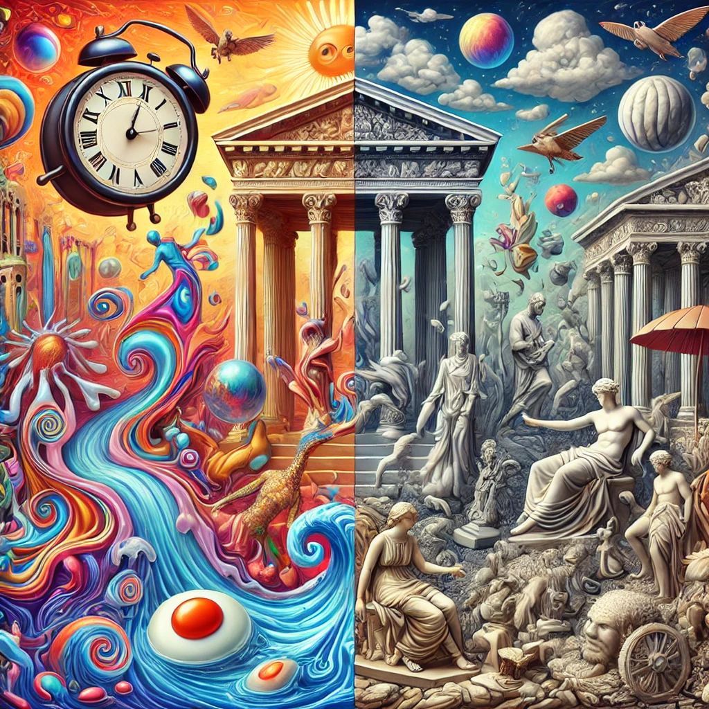 An image that visually compares Surrealism with Neoclassicism, showcasing the key elements of each artistic movement. On one side, depict Surrealism with dreamlike, abstract imagery, such as melting clocks, floating objects, and bizarre, distorted figures. Use vibrant, unconventional colors and strange, imaginative compositions. On the other side, depict Neoclassicism with classical, balanced, and orderly elements, featuring figures in traditional poses, Roman or Greek architecture, and muted, harmonious colors. The two styles should be clearly contrasted, showing the differences in themes, color palettes, and overall artistic approach.
