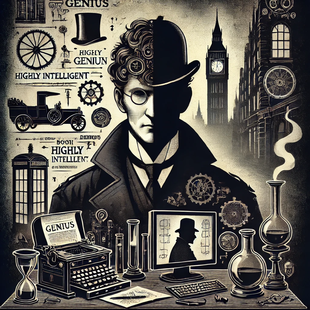 A poster depicting a 19th-century British detective character who is both highly intelligent and irreverent. The design should use dark tones to highlight the dual nature of the character as both a genius and chaotic figure. The detective is shown in a Victorian setting, with elements like a foggy London street, a silhouette with a deerstalker hat, and possibly a cluttered desk with books, papers, and strange inventions. The atmosphere should be mysterious and moody, reflecting the complexity and depth of the character.