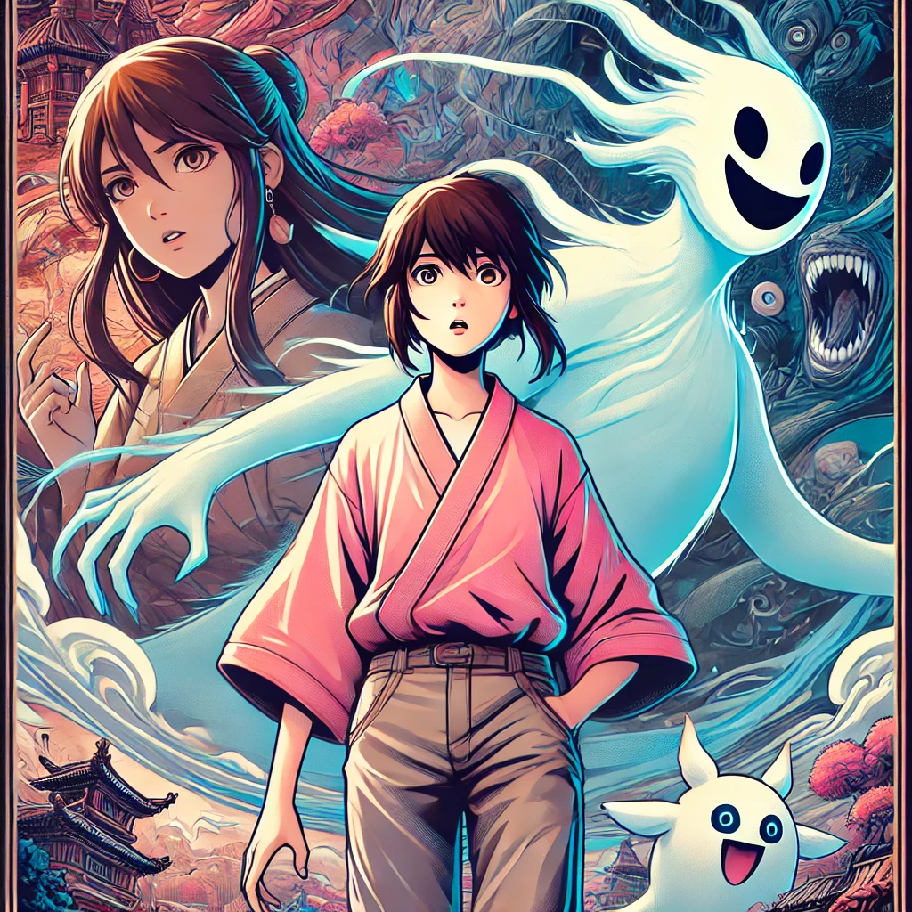 A poster depicting a fictional anime character, a teenage girl with Asian features, who embarks on a supernatural adventure in a new world. She wears loose-fitting pink clothing and is surrounded by supernatural friends, including a white and blue dragon and a friendly black specter. The design captures the essence of an epic journey, with the girl at the center, looking determined as she navigates this mystical world. The background is filled with vibrant, fantastical landscapes, evoking a sense of wonder and mystery as she seeks to return home.