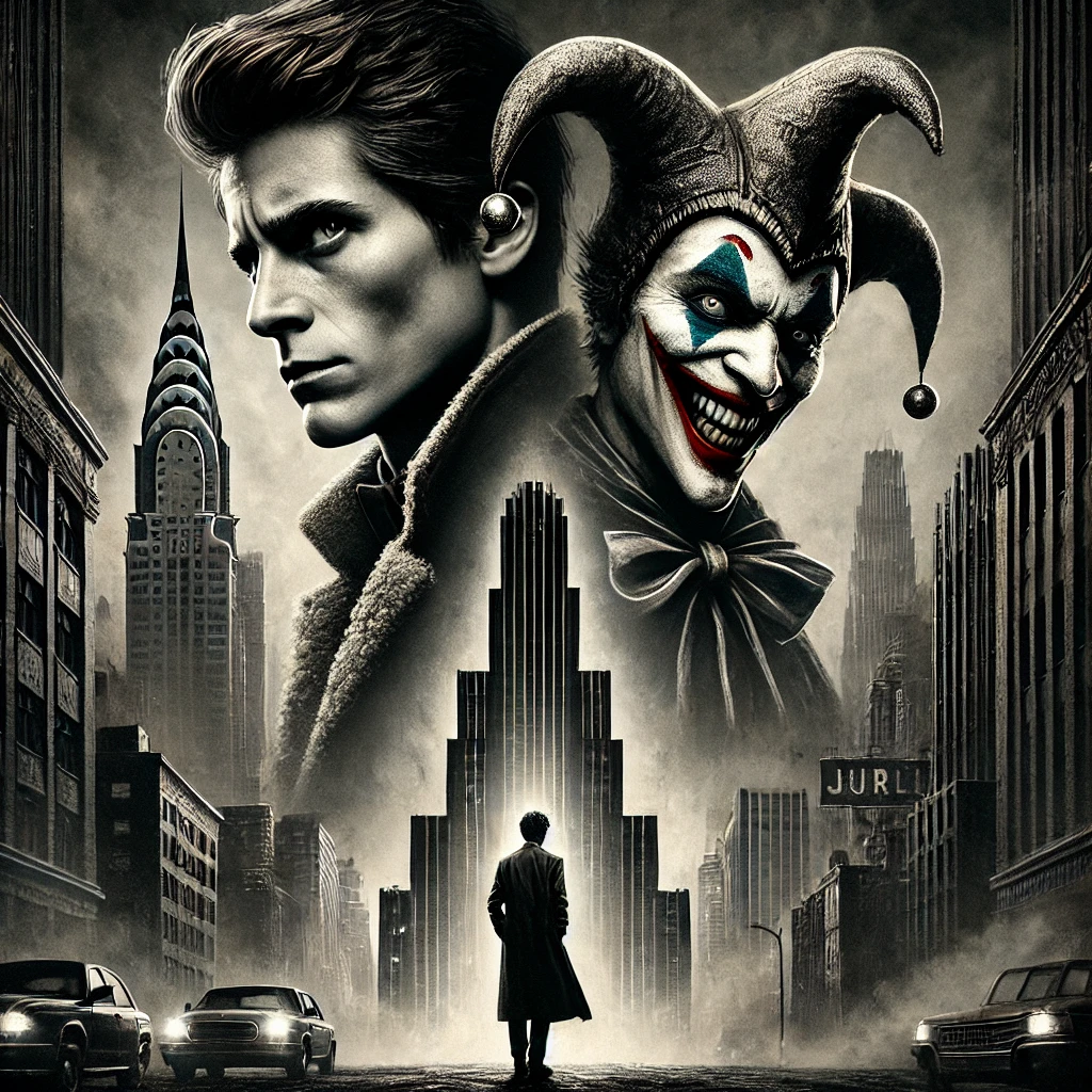 A poster set in a dark, Gothic American city with towering brutalist buildings, featuring a protagonist and an antagonist. The protagonist is an misunderstood hero, depicted in a brooding and determined stance, while the antagonist is a chaotic jester-like figure with a mischievous grin. The cityscape is shadowy and atmospheric, with the two characters standing on opposite sides, symbolizing their conflict. The overall tone is dark and gritty, emphasizing the tension between the hero's seriousness and the antagonist's chaotic energy.