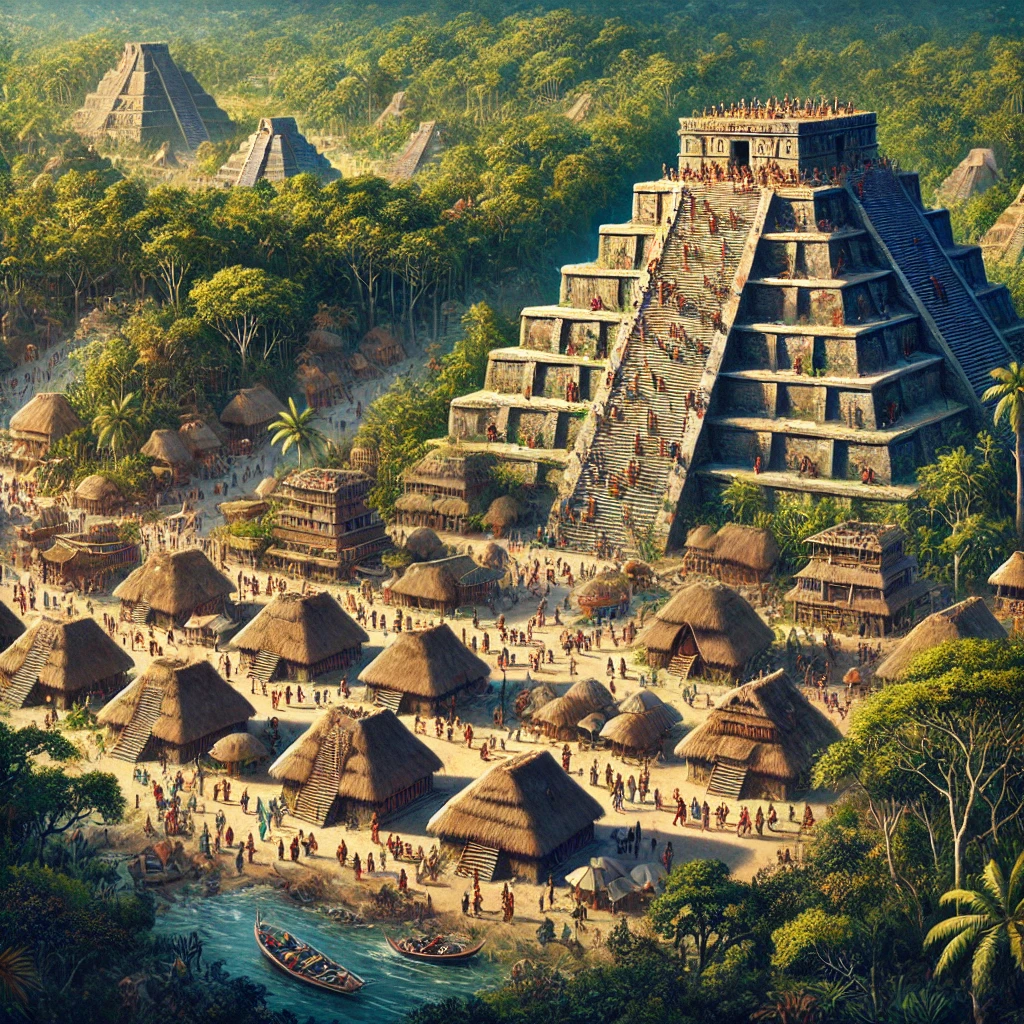 An image depicting ancient pyramids in the Amazon rainforest at their peak, fully inhabited by a thriving civilization. The scene should show grand stone pyramids rising above the dense jungle, with people living and working around them. There are bustling marketplaces, people ascending the steps of the pyramids, and communities engaged in daily life. The pyramids are adorned with carvings and surrounded by wooden structures, ceremonial plazas, and natural water features like rivers and waterfalls. The environment is lush and vibrant, blending seamlessly with the jungle, with a sense of harmony between the people and nature.