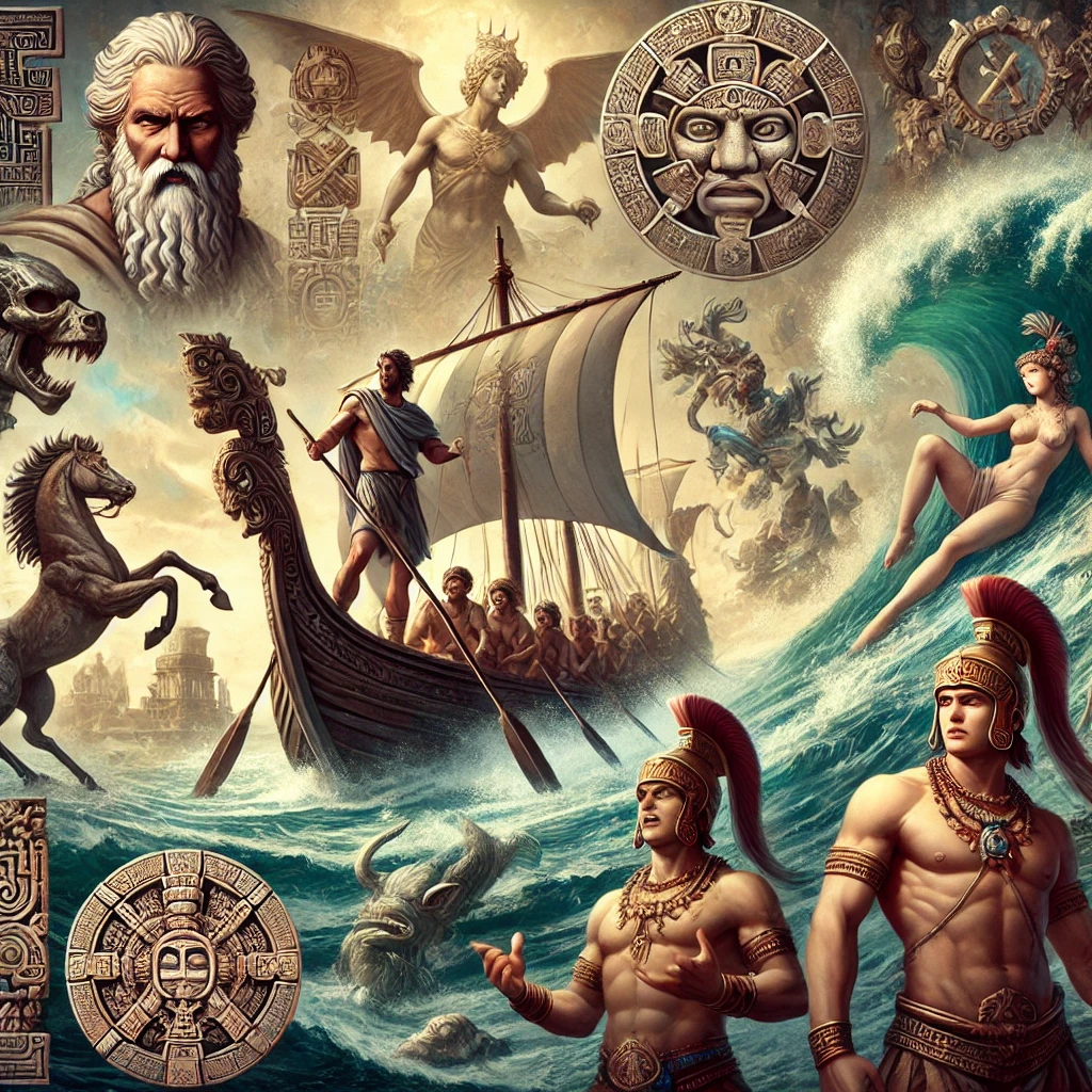 An artistic depiction of Odysseus on a ship, navigating a stormy sea, with mythological creatures like the Cyclops and Sirens in the background. Alongside this, Norse gods in battle pose, Mayan symbols representing the Popol Vuh, and ancient Hindu warriors from the Bhagavad Gita. The scene represents a fusion of different epic tales and mythologies, set against a dramatic, ancient backdrop, showcasing elements from these various cultures.