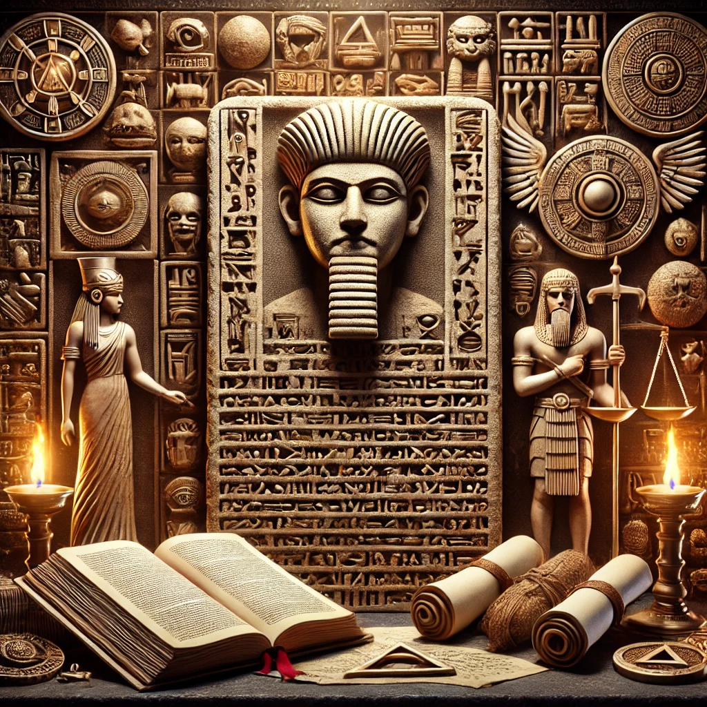 A symbolic representation of ancient laws and justice, featuring the Code of Hammurabi as a central stone tablet surrounded by other symbols of law like scrolls and papyrus from the Bible, alongside Mayan hieroglyphs from the Popol Vuh and Norse runes. The scene is illuminated by ancient torches, symbolizing wisdom, justice, and the origins of legal systems from various ancient civilizations.