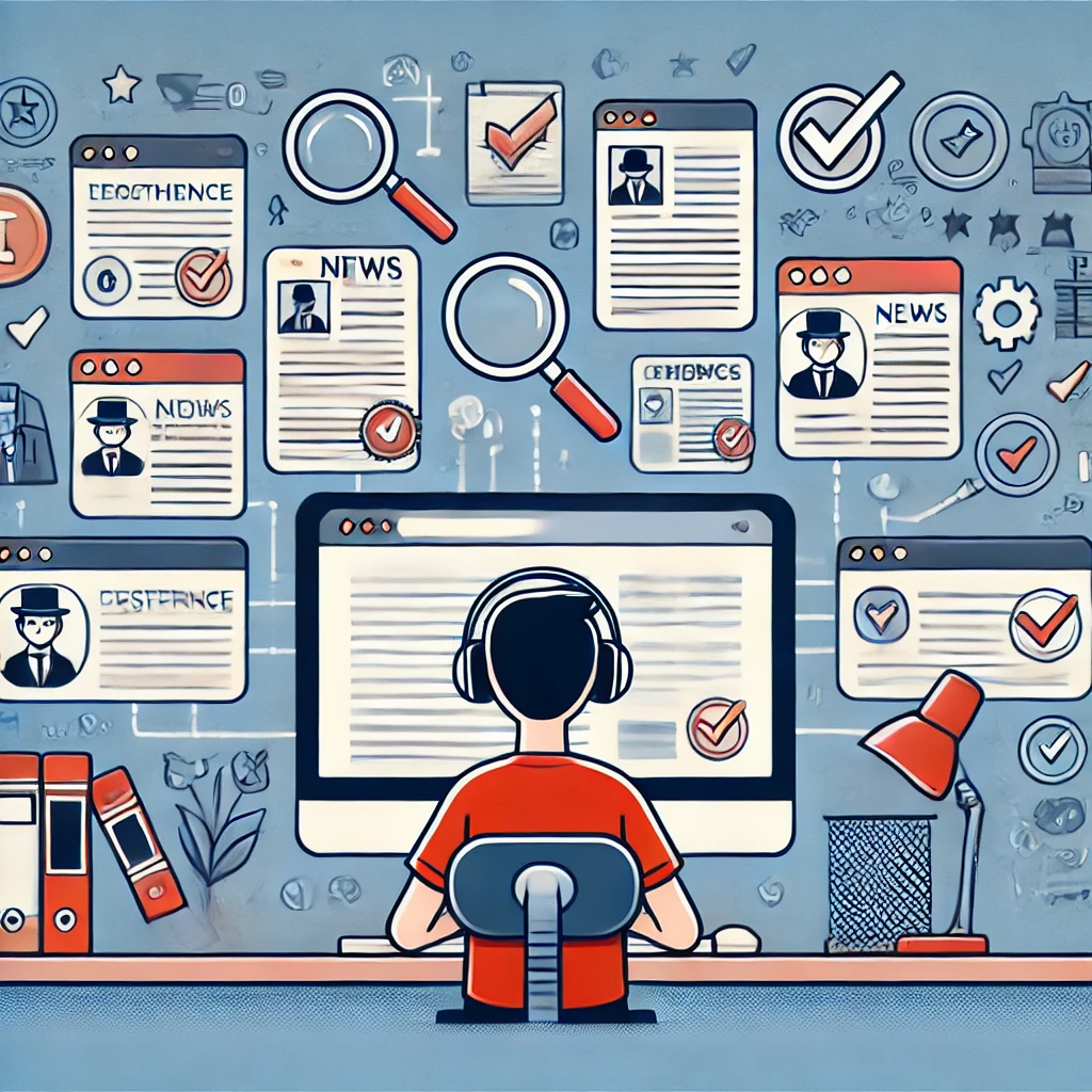 An illustration of a student at a computer, browsing various websites, comparing sources of information. The computer screen displays icons representing different types of sources, like books, news articles, and academic papers, with some sources clearly marked as trustworthy and others as questionable. The background features floating magnifying glasses and checkmarks, symbolizing the process of verifying reliable information.