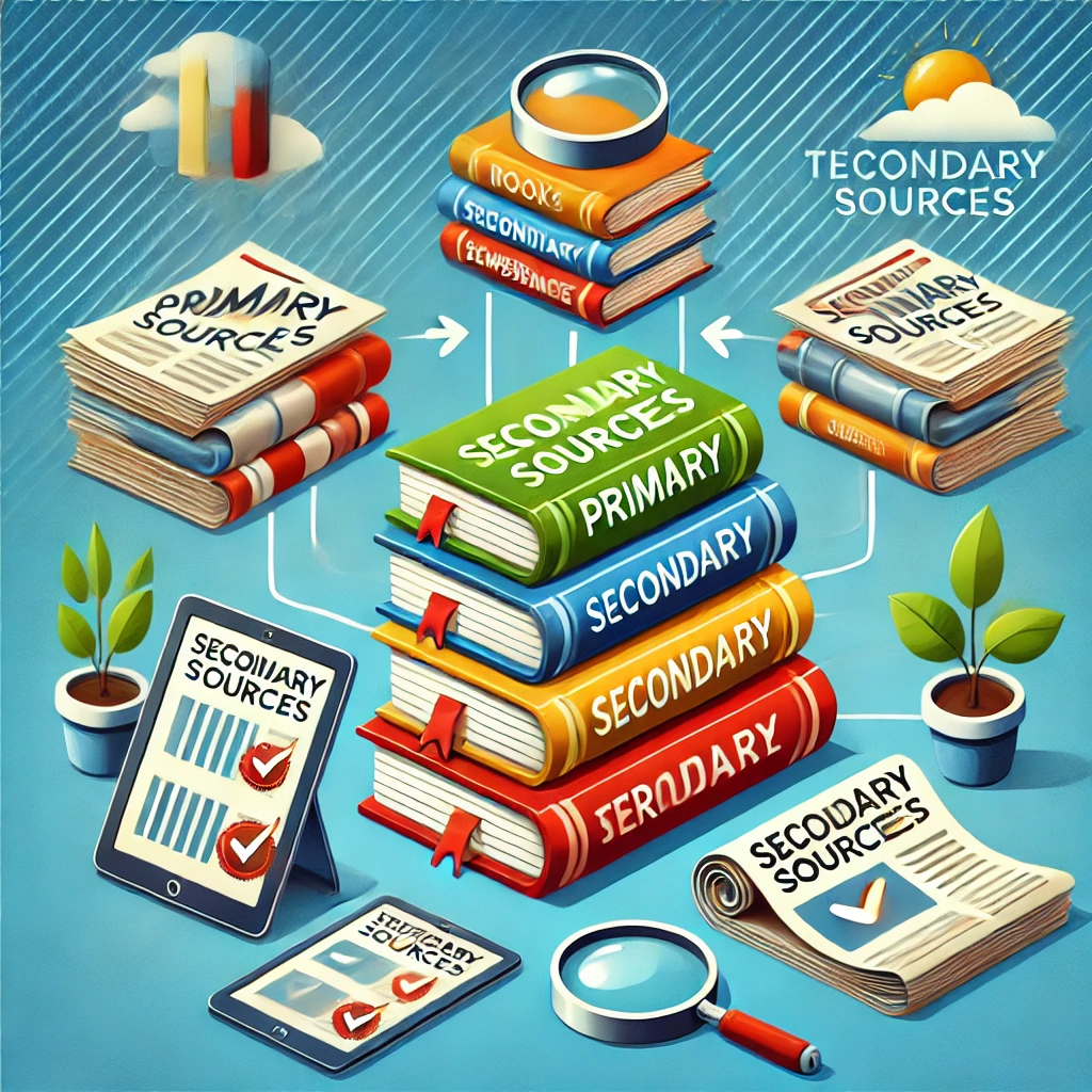 A conceptual illustration of different types of sources, showing a stack of books labeled as 'primary sources,' a collection of newspapers labeled 'secondary sources,' and a digital tablet showing a database labeled 'tertiary sources.' The background features arrows connecting these sources, with magnifying glasses and checkmarks representing the process of verifying reliable information. The scene is vibrant, illustrating the comparison between different levels of information.