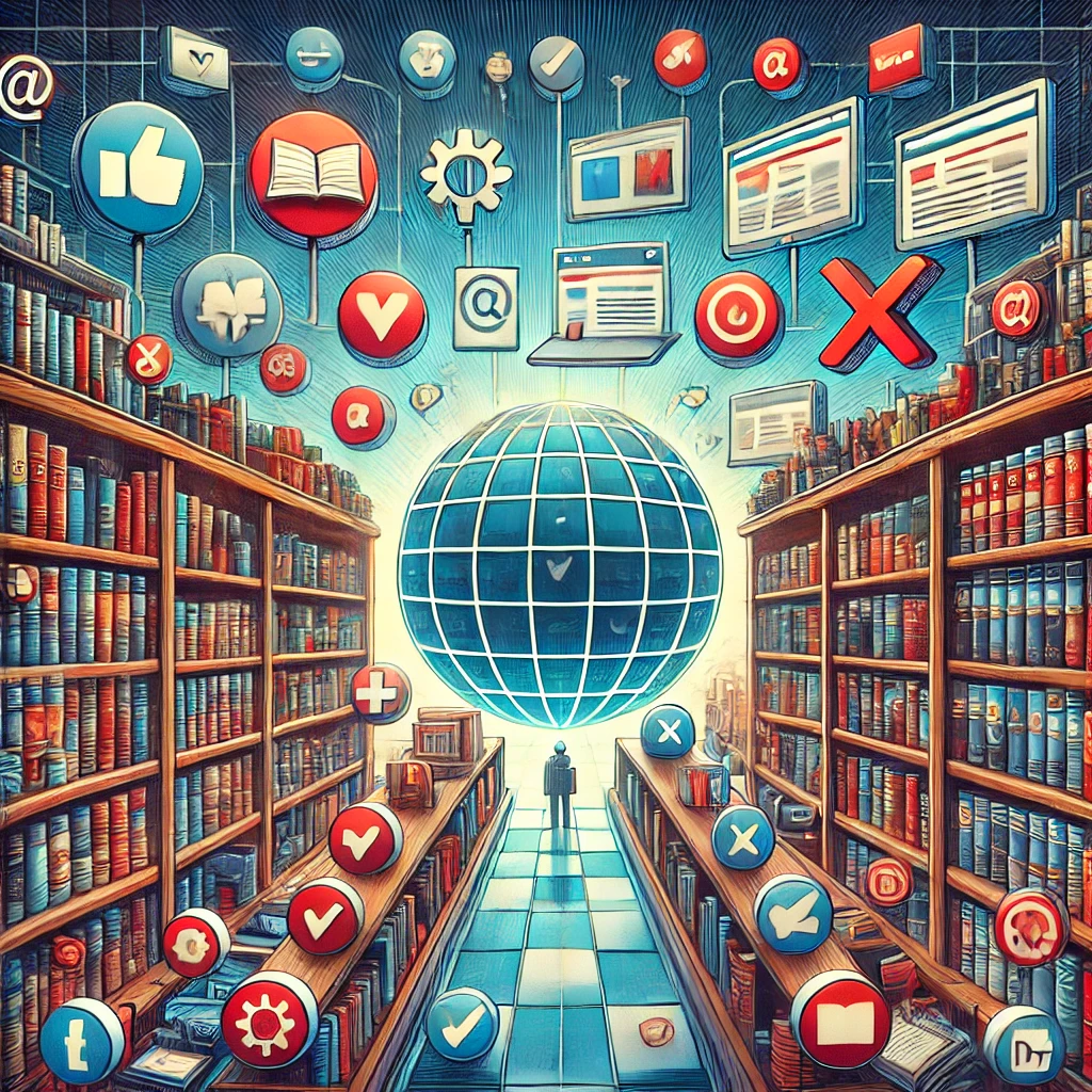 An artistic representation of a library and the internet side by side, with shelves filled with books representing primary and secondary sources, while the internet screen shows digital icons for news, blogs, and social media. The contrast between reliable sources like books and questionable online content is highlighted with checkmarks for verified sources and red Xs for unreliable information. This image illustrates the challenge of finding trustworthy information in the modern digital age.