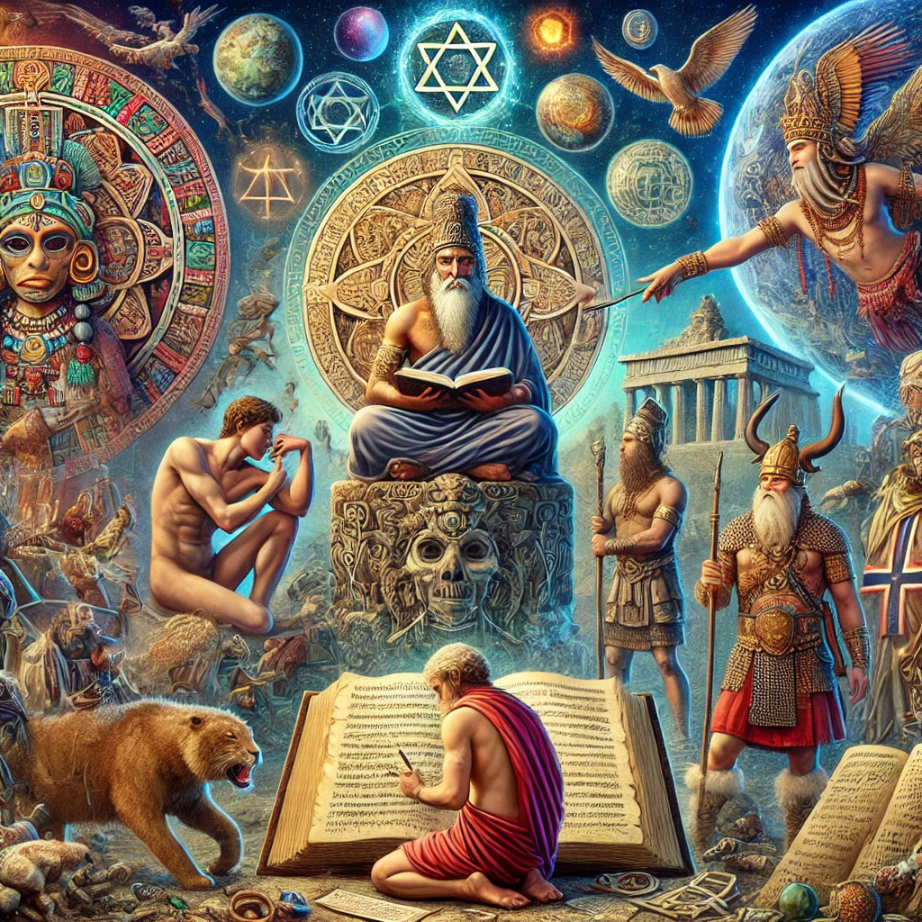 An artistic scene depicting various ancient religious and mythological texts, such as a Mayan priest reading from the Popol Vuh, a Hindu figure meditating while holding the Bhagavad Gita, Norse warriors standing beside their gods, and a figure writing the Bible on papyrus. Surrounding them are celestial symbols, mystical animals, and ancient ruins, blending the spiritual and mythological aspects of these iconic works.