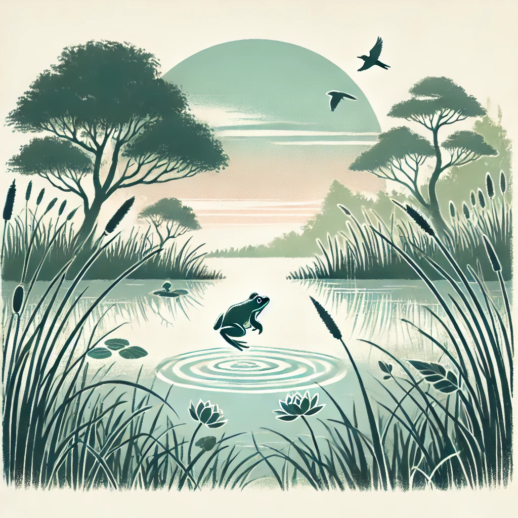 An illustration inspired by haiku poetry, focusing on nature. The scene shows a peaceful pond with a frog jumping into the water, surrounded by tall grass and trees. The atmosphere is serene and calm, capturing the simplicity and beauty of nature. The background includes a soft sunrise with a few birds flying in the distance, evoking the themes of reflection and mindfulness often found in haiku.