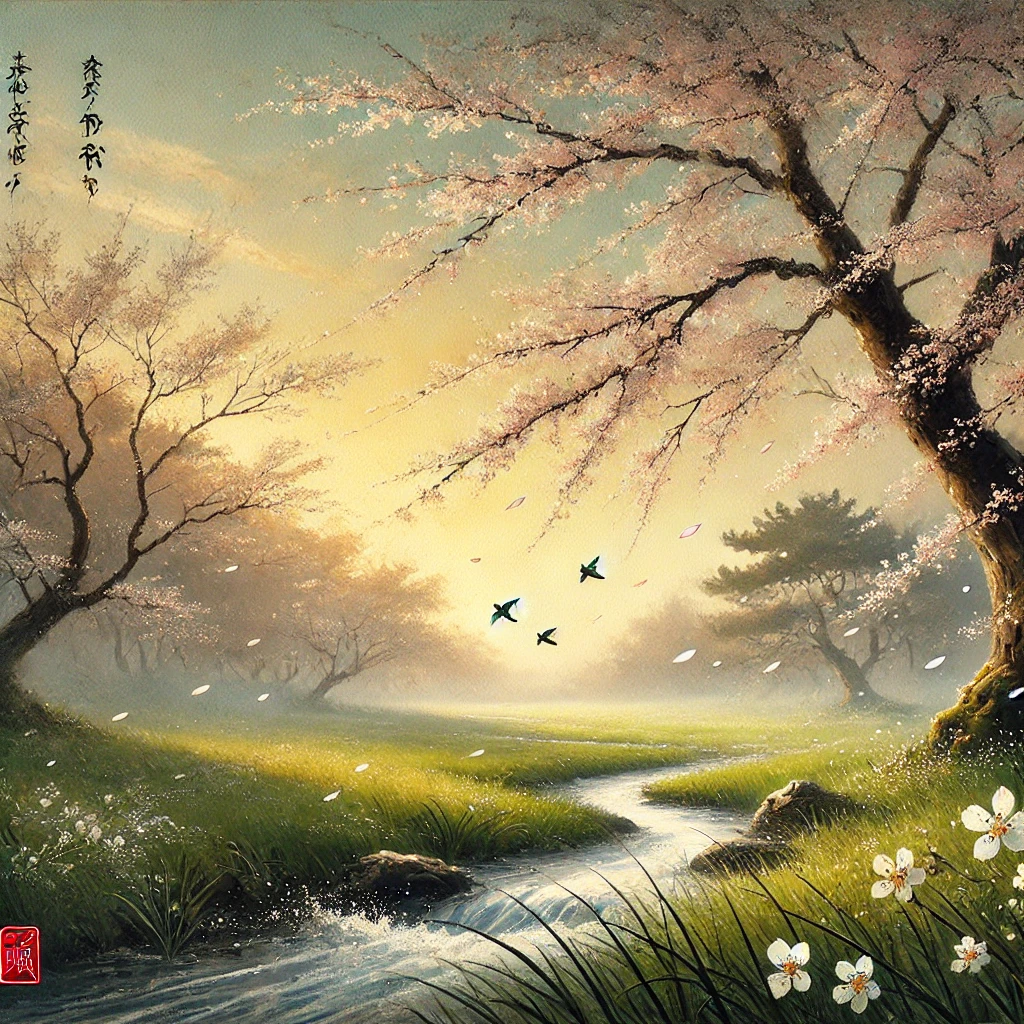 A tranquil nature scene inspired by haiku poetry, focusing on the moment of a gentle breeze moving through cherry blossom trees. The delicate petals fall softly onto a grassy path, with a small stream flowing beside it. Birds are seen flying overhead as the sun begins to set in the background, creating an atmosphere of peace and reflection, capturing the simplicity and mindfulness of haiku.