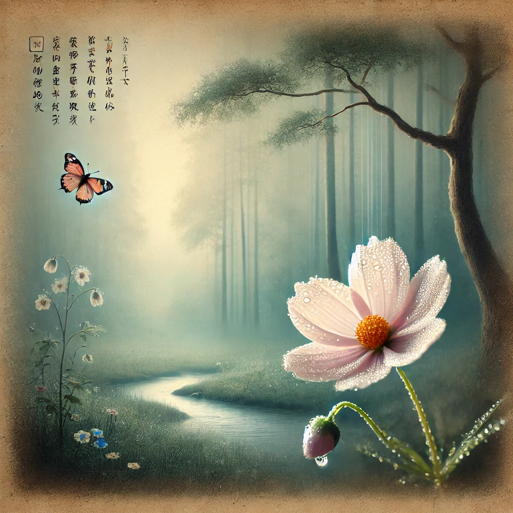 A nature scene inspired by haiku poetry, focusing on a single blooming flower in a quiet garden. Dewdrops glisten on the petals in the soft morning light, while a butterfly hovers gently nearby. The background features a peaceful, misty forest, and a small stream flows quietly in the distance, evoking themes of mindfulness, simplicity, and the beauty of small moments in nature.