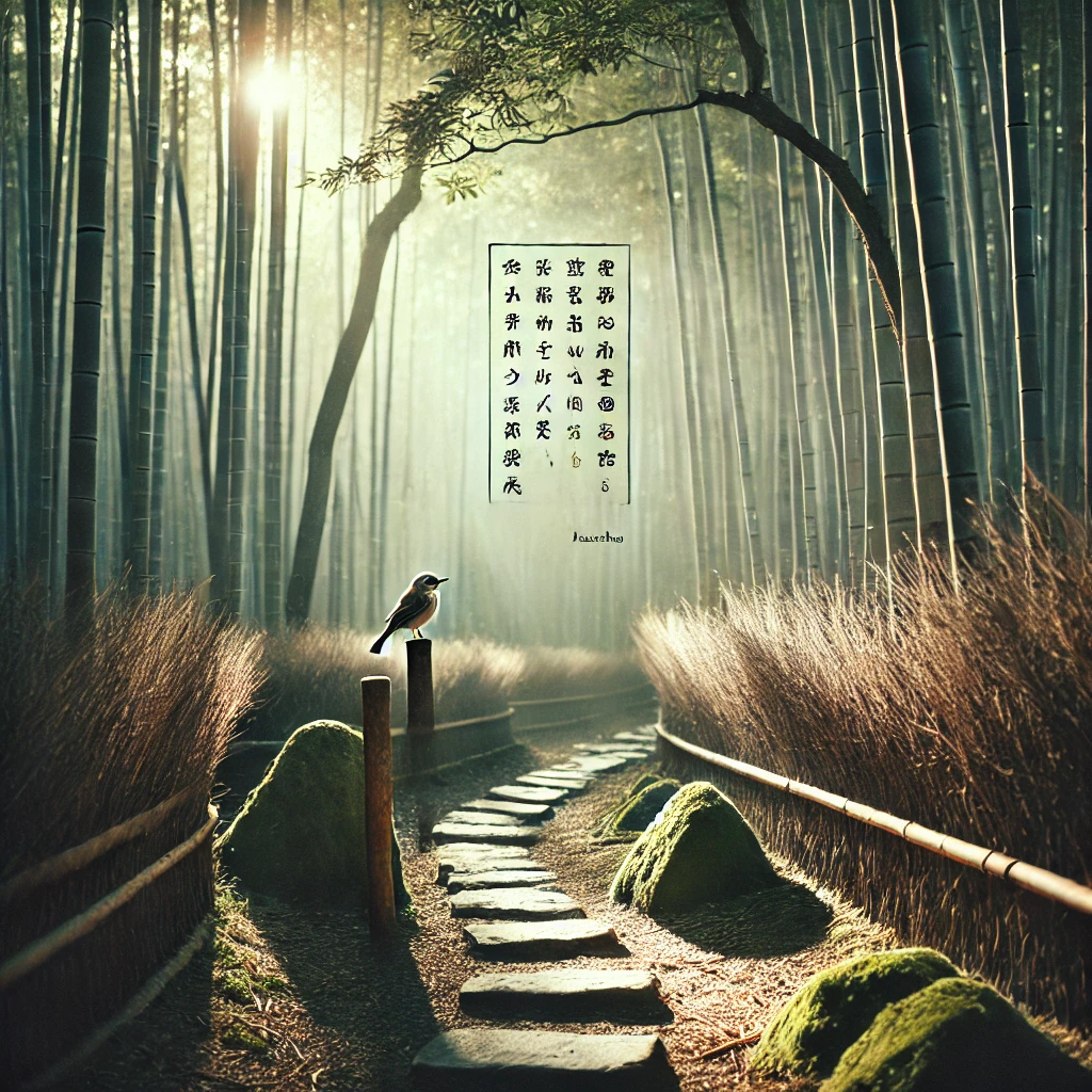A peaceful nature scene inspired by haiku poetry, featuring a small stone path through a bamboo forest. Sunlight filters softly through the tall bamboo stalks, casting gentle shadows on the ground. A bird is perched on one of the branches, observing its surroundings. The atmosphere is calm and meditative, capturing the essence of simplicity and mindfulness found in haiku.