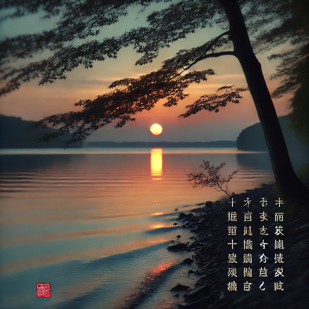A nature scene inspired by haiku poetry, focusing on a quiet lakeside at dusk. The lake is calm, reflecting the colors of the sunset, with soft ripples spreading out. A single tree stands near the shore, with its leaves gently swaying in the evening breeze. The atmosphere is peaceful and reflective, capturing the beauty of a fleeting moment in nature, as often portrayed in haiku.