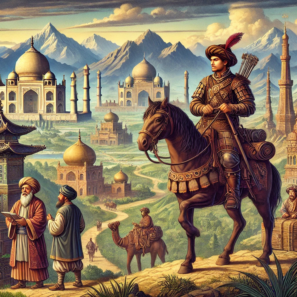 An illustration depicting Marco Polo on his travels through Asia. The scene shows Marco Polo, dressed in medieval European attire, traveling through a vast landscape with mountains and exotic cities in the distance. He is riding a horse or camel, accompanied by merchants, with Chinese pagodas, Indian temples, and Persian architecture visible in the background. The atmosphere conveys adventure and exploration in the diverse and rich cultures of Asia during the 13th century.