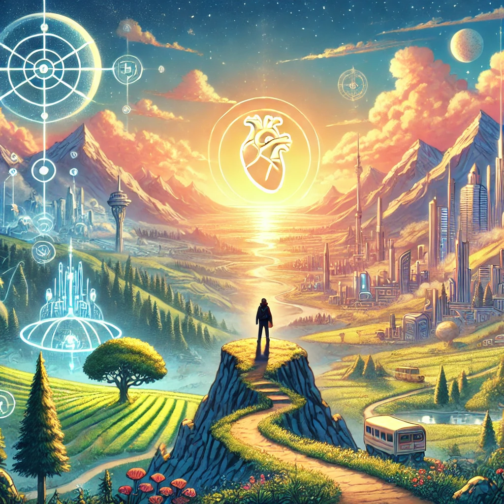 An illustration of a utopian travel journey inspired by the hero's journey. The scene shows a protagonist on a grand adventure, standing on a cliff overlooking a beautiful, idealistic world with lush landscapes, futuristic cities, and serene nature. The journey is both outward and inward, with symbols like a compass and a glowing heart representing exploration and self-discovery. The atmosphere is bright and hopeful, reflecting the utopian theme and the personal growth of the protagonist.