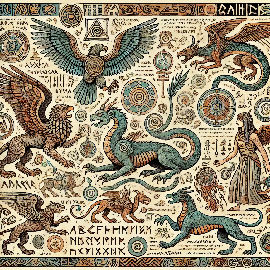 An illustration of a bestiary inspired by ancient myths. The scene features mythical creatures like a griffin, a minotaur, and a hydra, surrounded by ancient symbols and texts from different cultures, including Greek, Egyptian, and Norse. The artwork is reminiscent of cave paintings and ancient scrolls, with creatures drawn in a style that reflects the mythical and mysterious nature of their origin. The background includes elements like runes, hieroglyphs, and other ancient scripts.