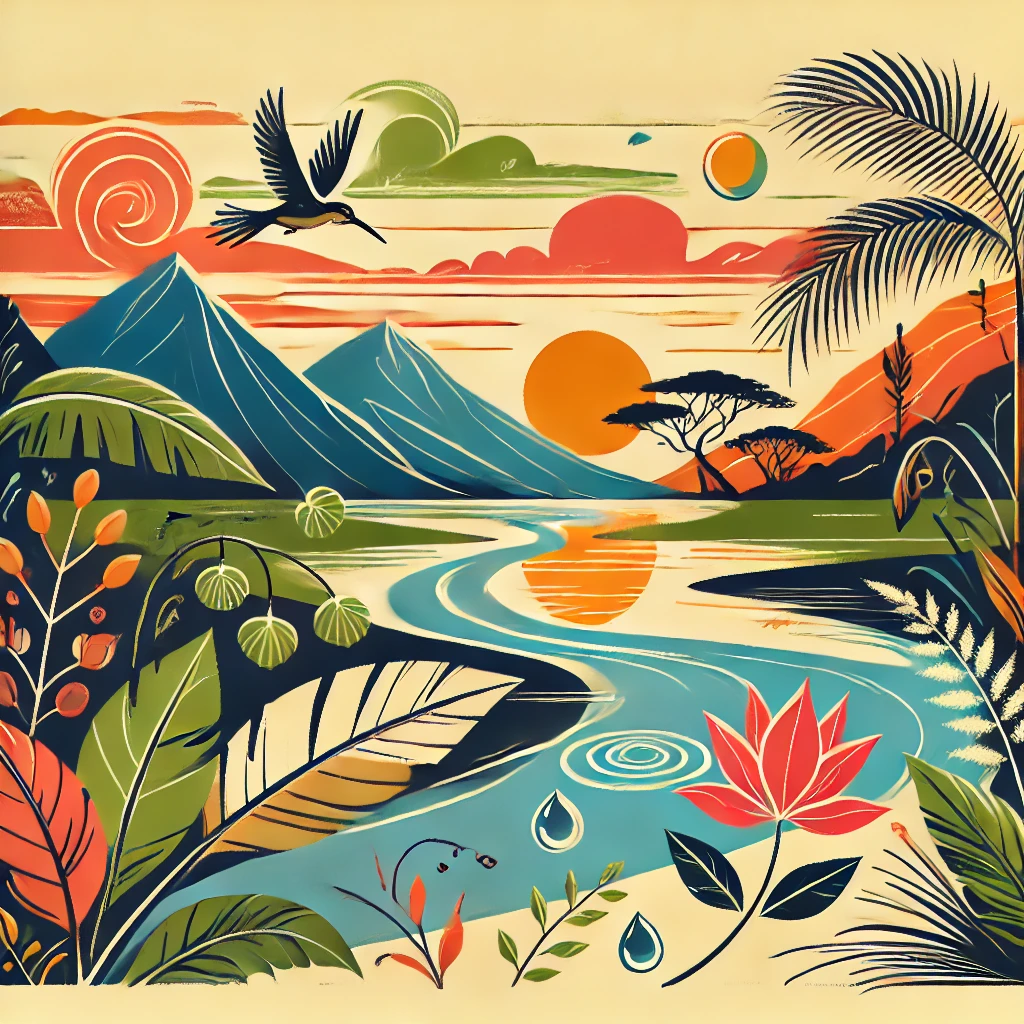 An artistic illustration inspired by Latin American haikus, capturing natural elements such as tropical flowers, mountains, and rivers. The scene combines vibrant colors typical of Latin American landscapes with minimalist lines, reflecting the simplicity and depth of haiku poetry. The composition highlights moments of stillness and reflection, with elements like a setting sun, birds in flight, and water droplets on leaves, evoking the beauty of nature in a poetic and concise manner.