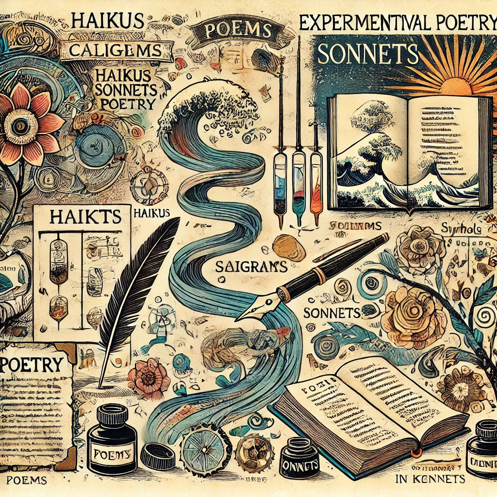 An illustration representing a poetic journey through different forms of poetry. The scene includes a combination of haikus, sonnets, and experimental poetry displayed on old paper with visual elements like caligrams (poems shaped into images), traditional quills, and ink bottles. The backdrop includes imagery of flowing lines of poetry, symbols of nature for haikus, and structured verses for sonnets. The atmosphere is creative, artistic, and engaging, capturing the essence of poetry for students aged 12 to 13.