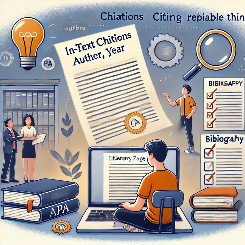 An illustration showing a teenager writing an academic essay in APA format. The scene includes a laptop displaying a research paper with in-text citations (Author, Year) and a bibliography page at the end. Around the student are elements symbolizing research, such as books, articles, and notes. The background highlights the importance of academic integrity, citing reliable sources, and critical thinking, with symbols like a magnifying glass for investigation and a checklist for proper formatting. The atmosphere is focused and academic.