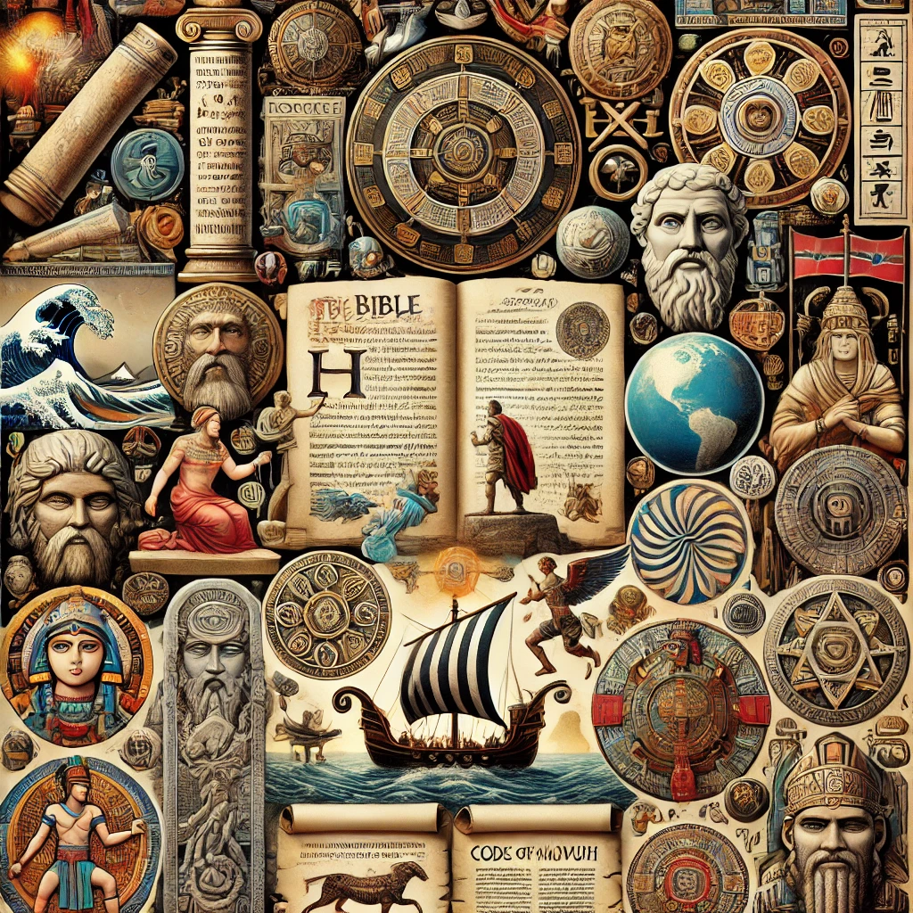 An ancient manuscript with various iconic symbols and texts from different cultures, showcasing elements of the Bible, the Odyssey, Norse sagas, the Bhagavad Gita, the Code of Hammurabi, and the Popol Vuh. The page includes images of scrolls, clay tablets, and epic illustrations of mythological characters like Odysseus on a ship, Norse gods, and Mayan symbols. Around the text are law tablets and ancient religious figures, blending these ancient texts and cultures into one composition.
