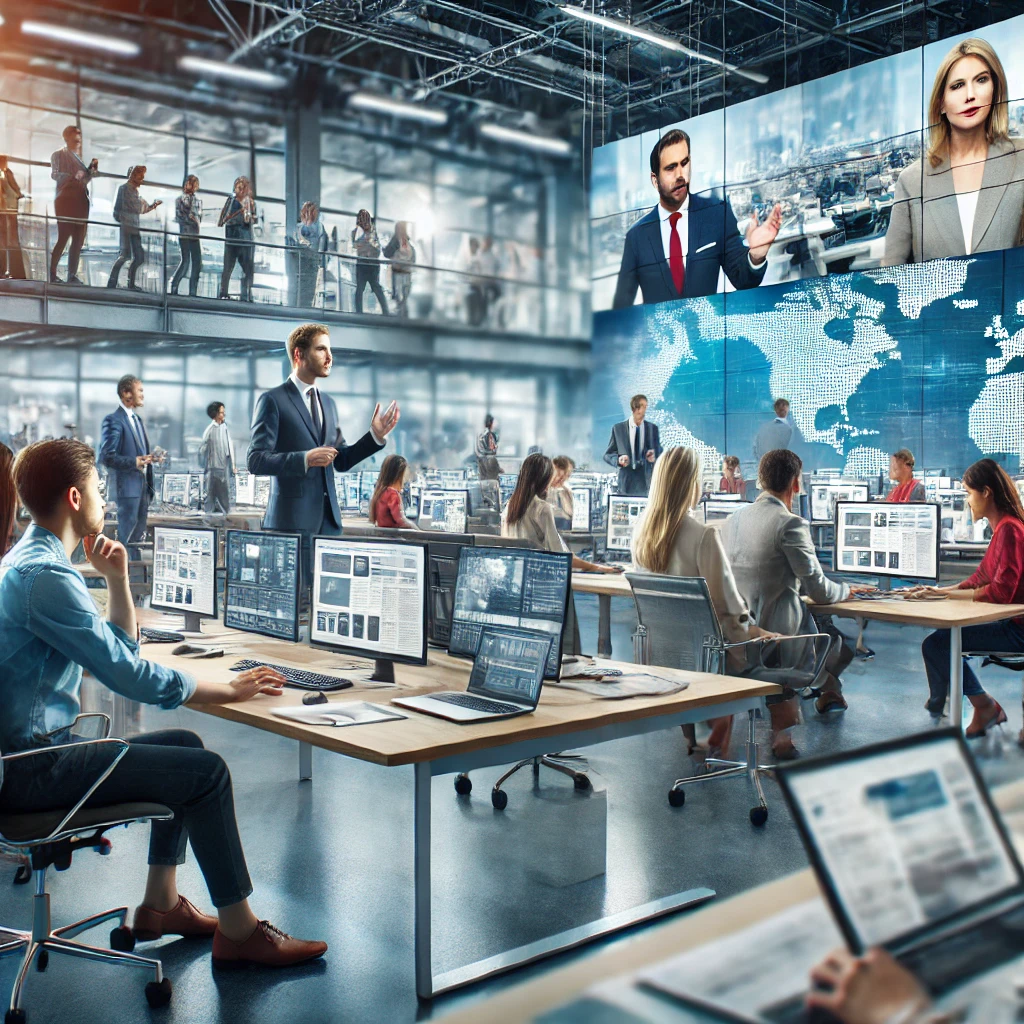 A modern newsroom with journalists working on computers, researching and writing news stories. Some journalists are interviewing people, while others are editing content on their laptops. In the background, large screens display the latest news updates. The atmosphere is dynamic and collaborative, with a focus on the digital age of journalism and its essential role in keeping society informed. The setting reflects a professional and modern newsroom, filled with various types of media tools and technology.