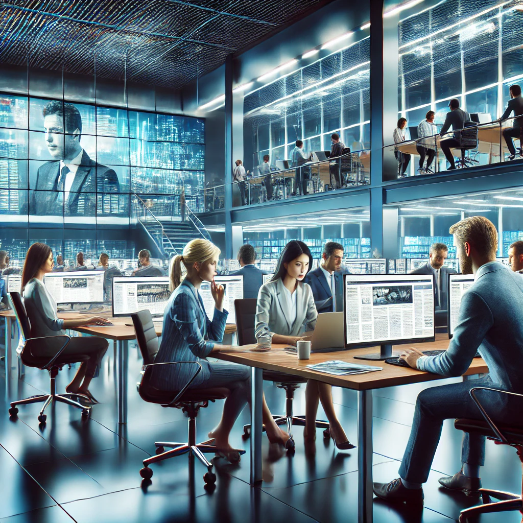 A modern newsroom with journalists working on computers, researching and writing news stories. Some journalists are interviewing people, while others are editing content on their laptops. In the background, large screens display the latest news updates. The atmosphere is dynamic and collaborative, with a focus on the digital age of journalism and its essential role in keeping society informed. The setting reflects a professional and modern newsroom, filled with various types of media tools and technology.